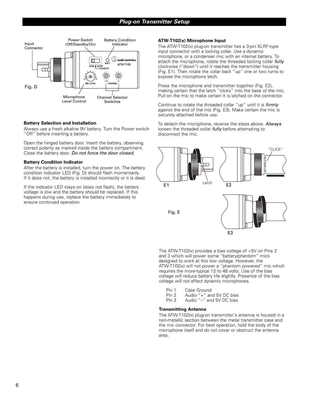 Audio-Technica ATW-U102X, ATW-U101X manual Plug-on Transmitter Setup, ATW-T102x Microphone Input 