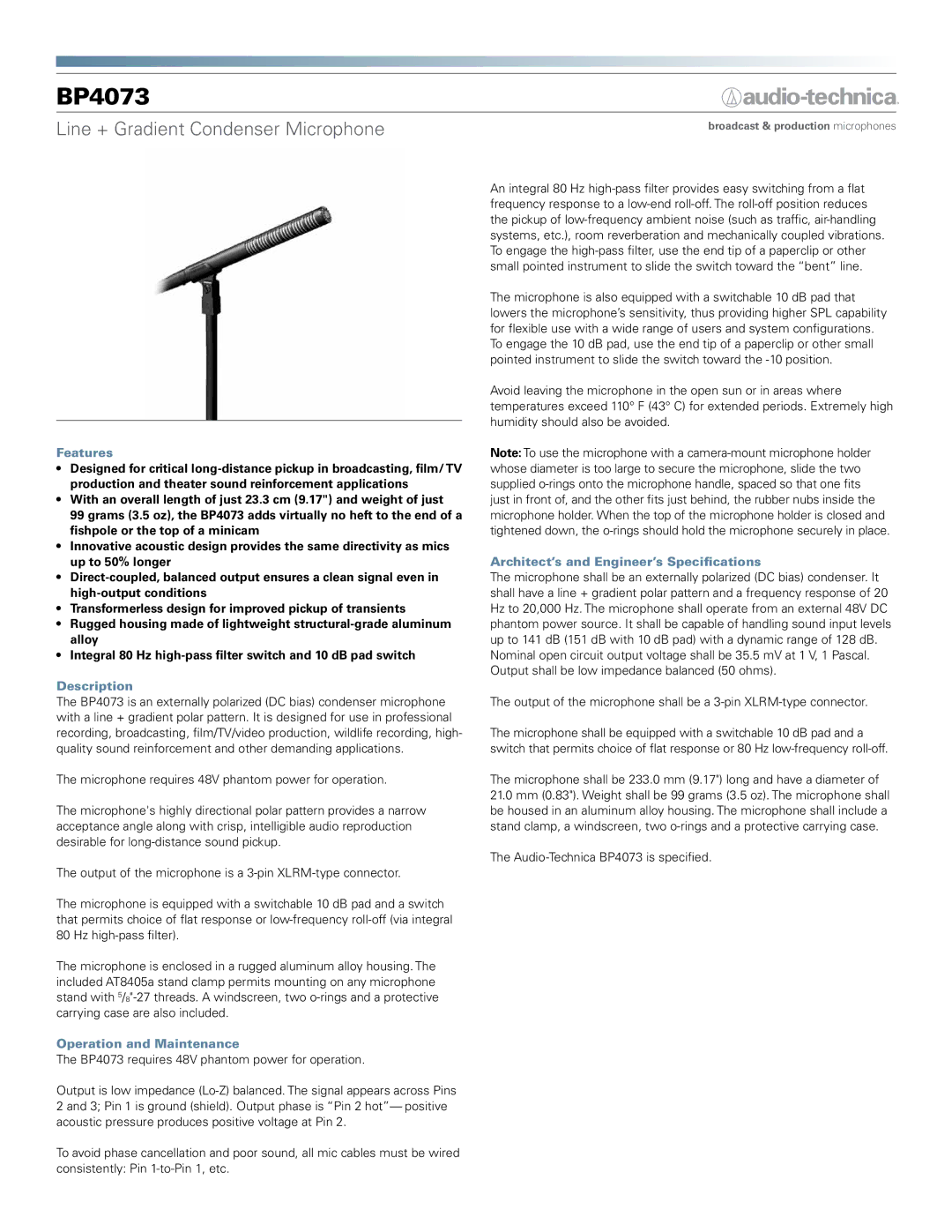 Audio-Technica BP4073 manual Features, Description, Operation and Maintenance, Architect’s and Engineer’s Specifications 