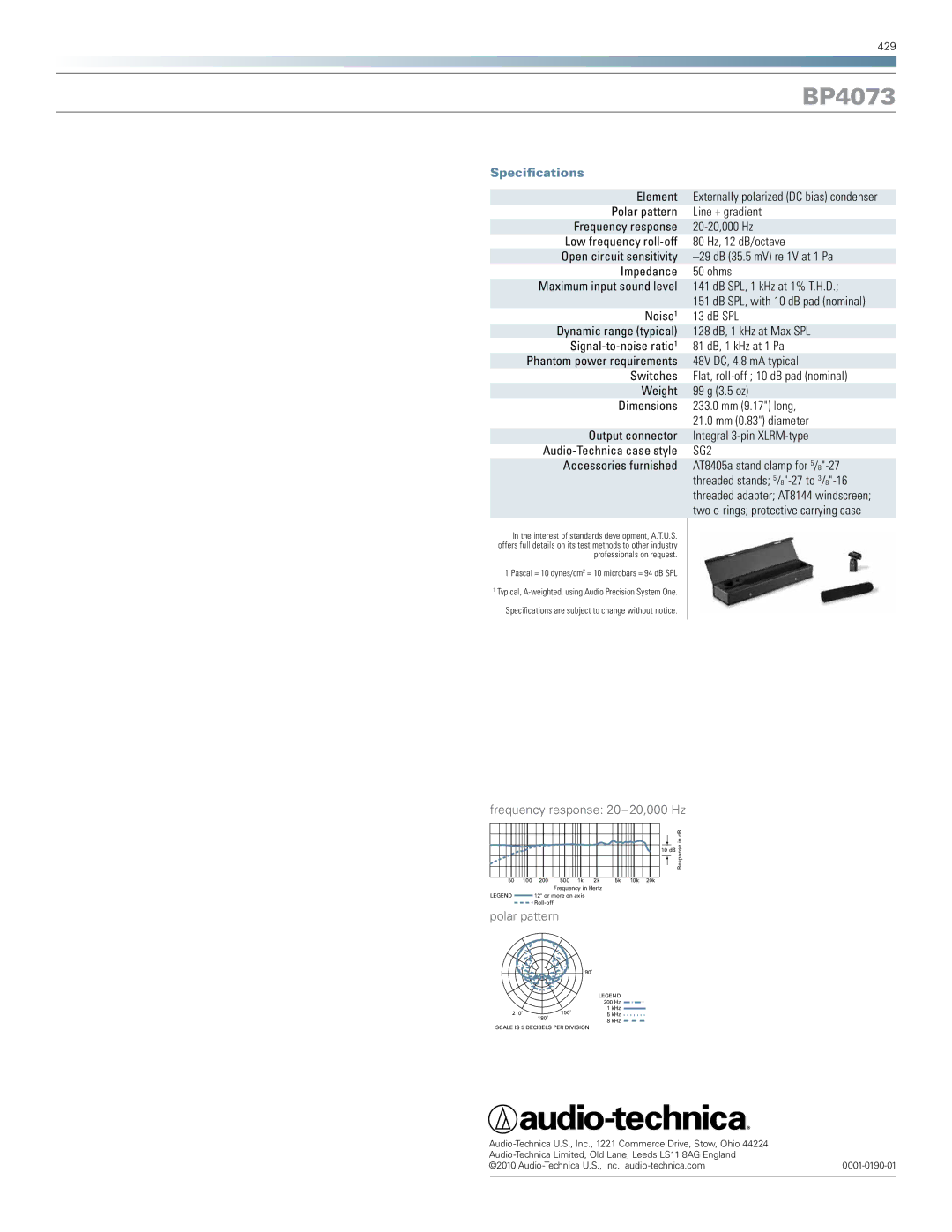 Audio-Technica BP4073 manual Specifications 