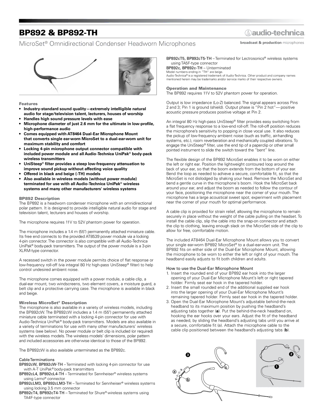 Audio-Technica BP892 & BP892-TH dimensions Features, BP892 Description, Wireless MicroSet Description 