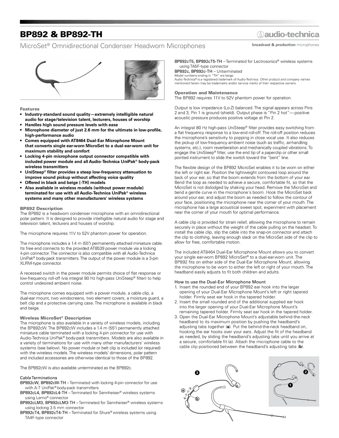 Audio-Technica BP892-TH dimensions Features, BP892 Description, Wireless MicroSet Description, Operation and Maintenance 