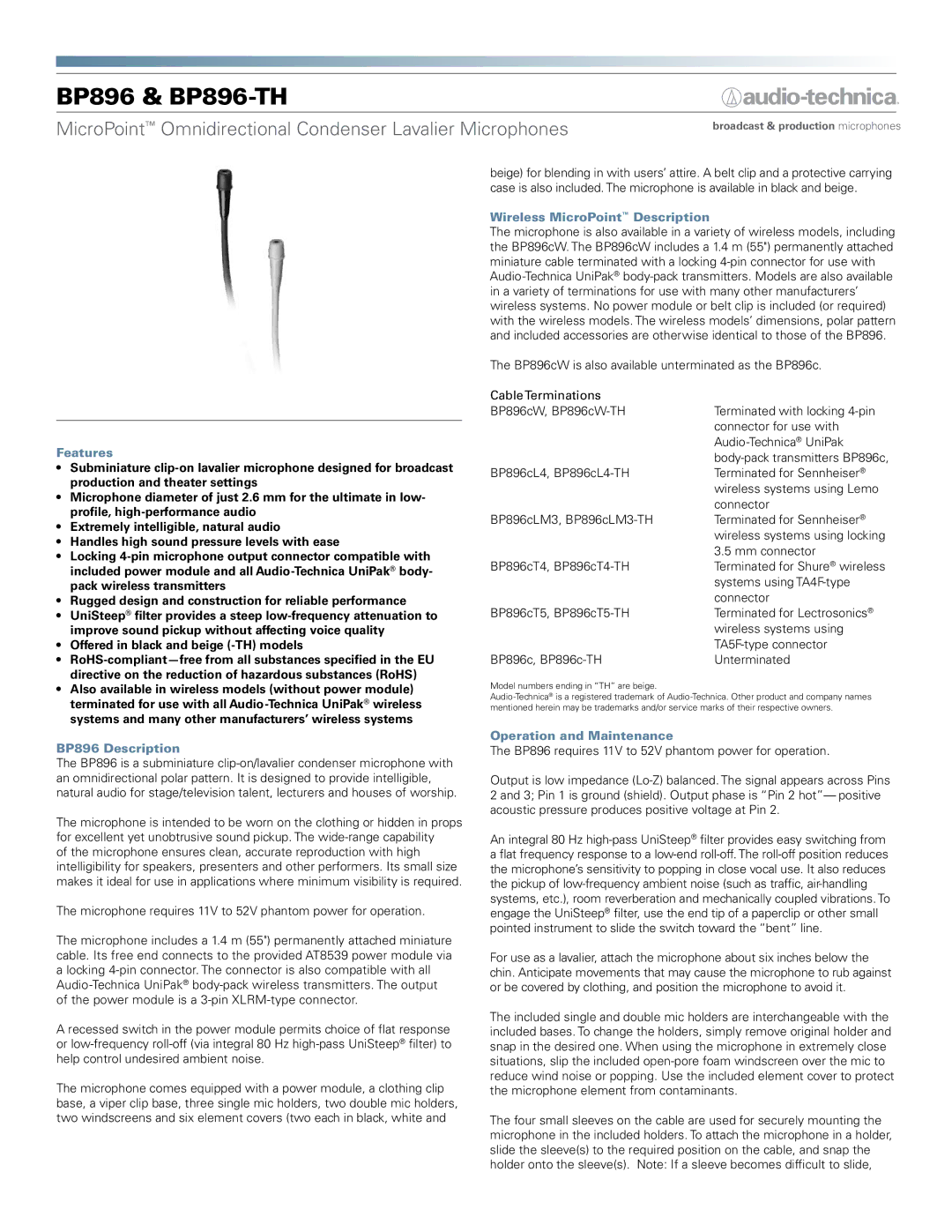 Audio-Technica BP896-TH dimensions Features, BP896 Description, Wireless MicroPoint Description, Mm connector 