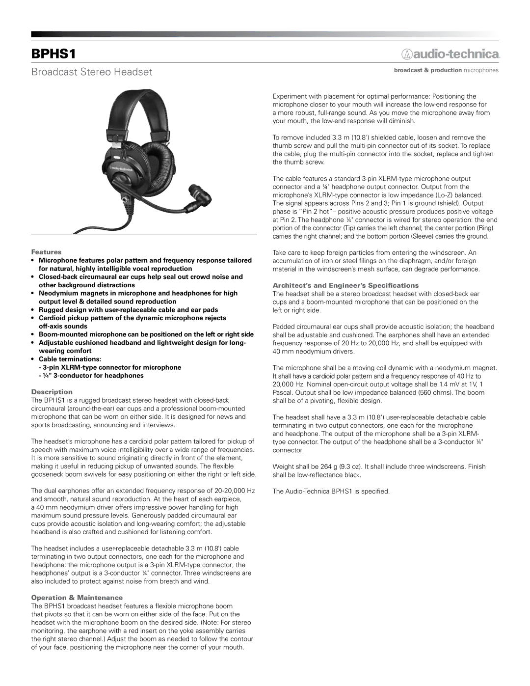 Audio-Technica BPHS1 manual Features, Description, Operation & Maintenance, Architect’s and Engineer’s Specifications 