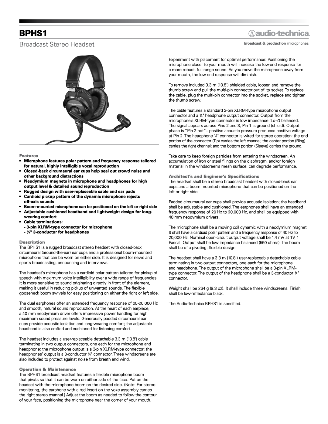 Audio-Technica BPHS1 manual Broadcast Stereo Headset, Features, Description, Operation & Maintenance 