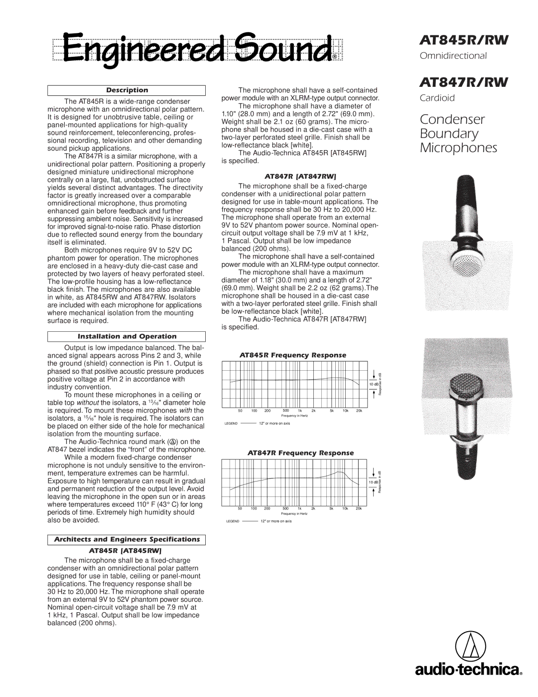 Audio-Technica condenser boundary microphones specifications AT845R/RW, AT847R/RW 