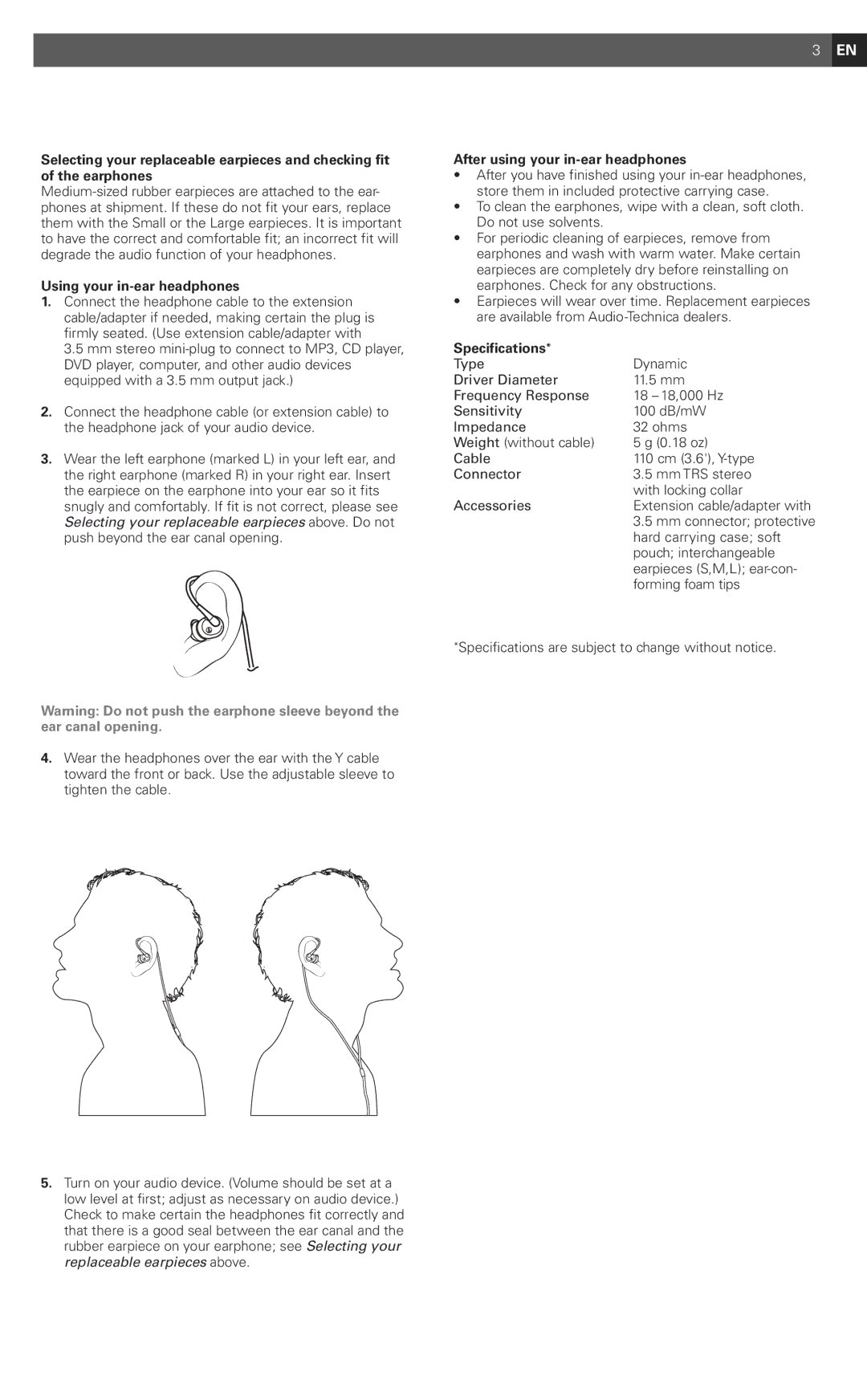 Audio-Technica EP3 manual Using your in-ear headphones, After using your in-ear headphones, Specifications 