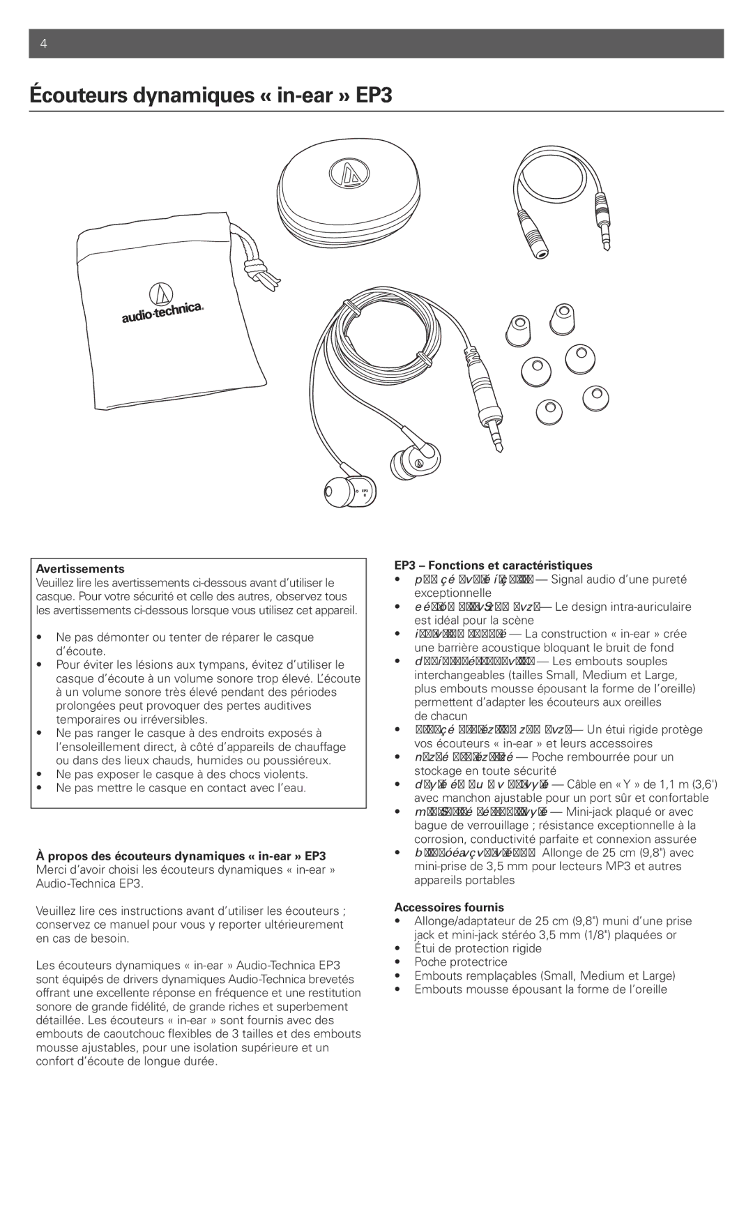 Audio-Technica manual Écouteursdynamiques « in-ear» EP3, Avertissements, EP3 Fonctions et caractéristiques 