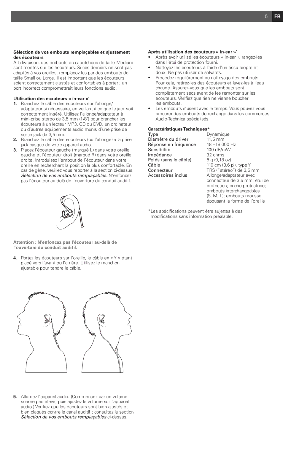 Audio-Technica EP3 manual Utilisation des écouteurs « in-ear »’, Après utilisation des écouteurs « in-ear »’ 