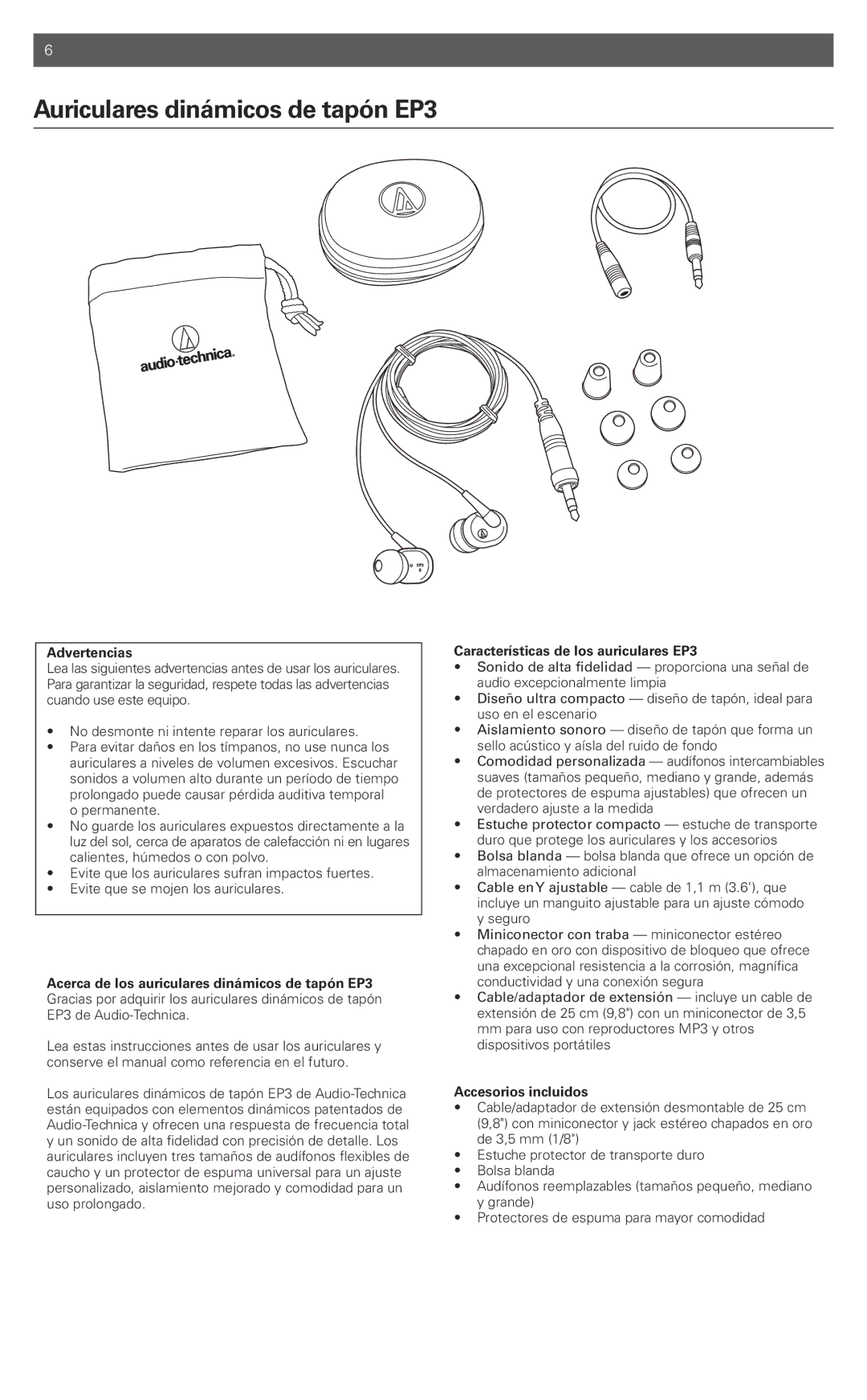 Audio-Technica manual Auriculares dinámicos de tapón EP3, Advertencias, Características de los auriculares EP3 