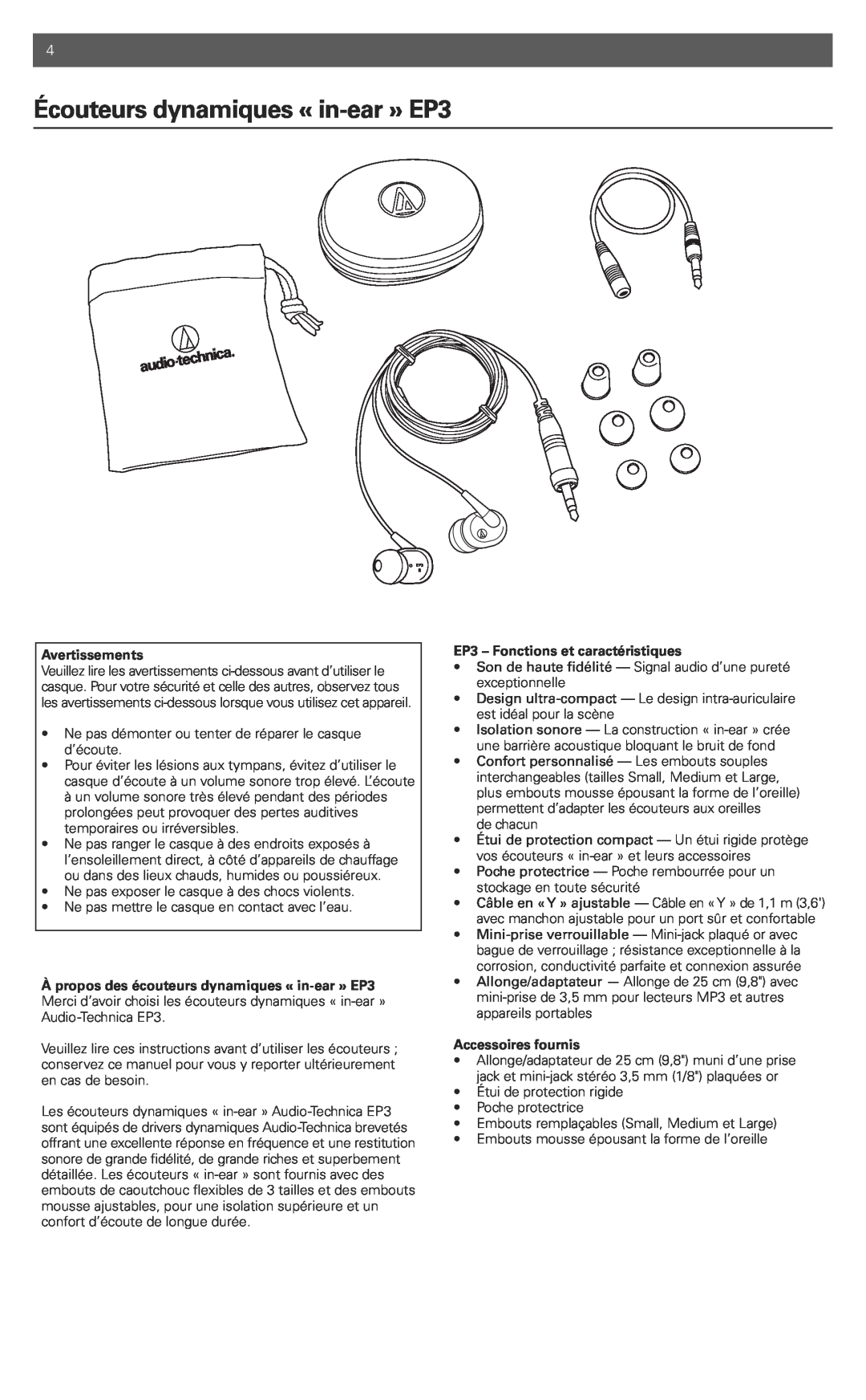 Audio-Technica manual Écouteursdynamiques « in-ear»EP3, Avertissements, EP3 - Fonctions et caractéristiques 