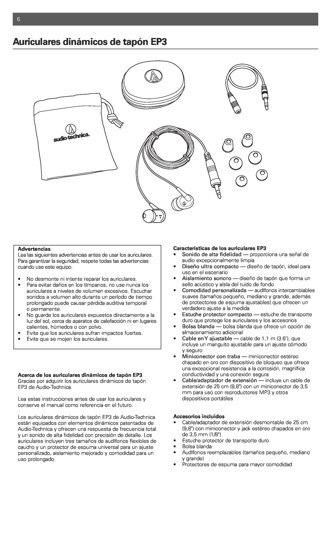 Audio-Technica manual Auriculares dinámicos de tapón EP3, Advertencias, Características de los auriculares EP3 