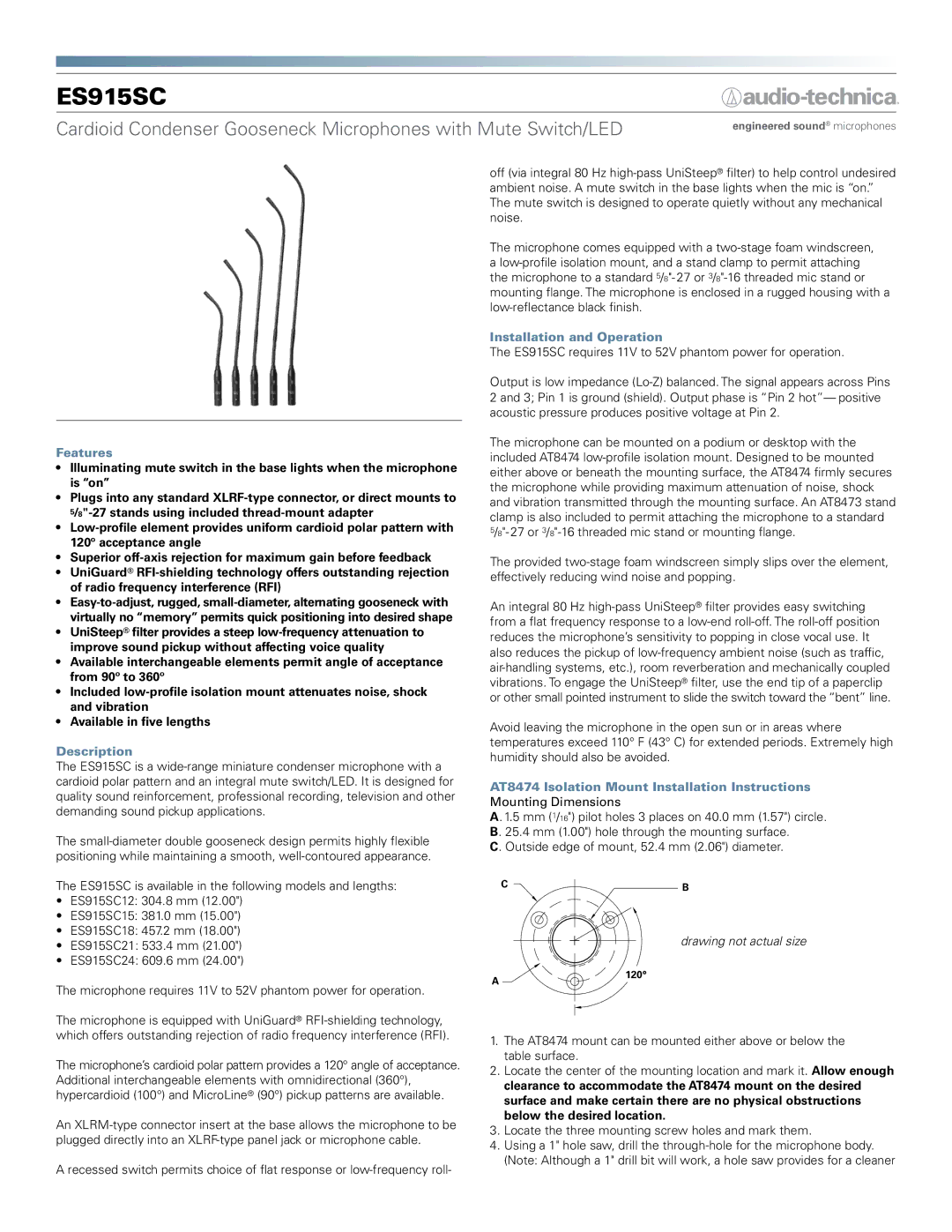 Audio-Technica ES915SC installation instructions Features, Description, Installation and Operation 