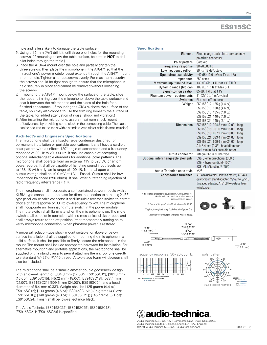 Audio-Technica ES915SC installation instructions Architect’s and Engineer’s Specifications 