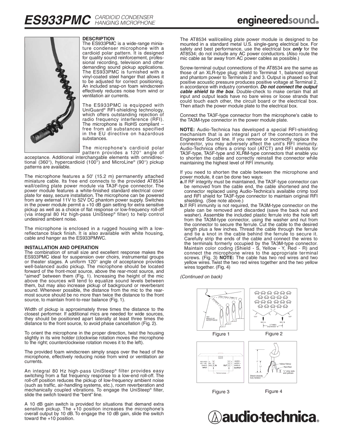 Audio-Technica ES933PMC manual Description, Installation and Operation 