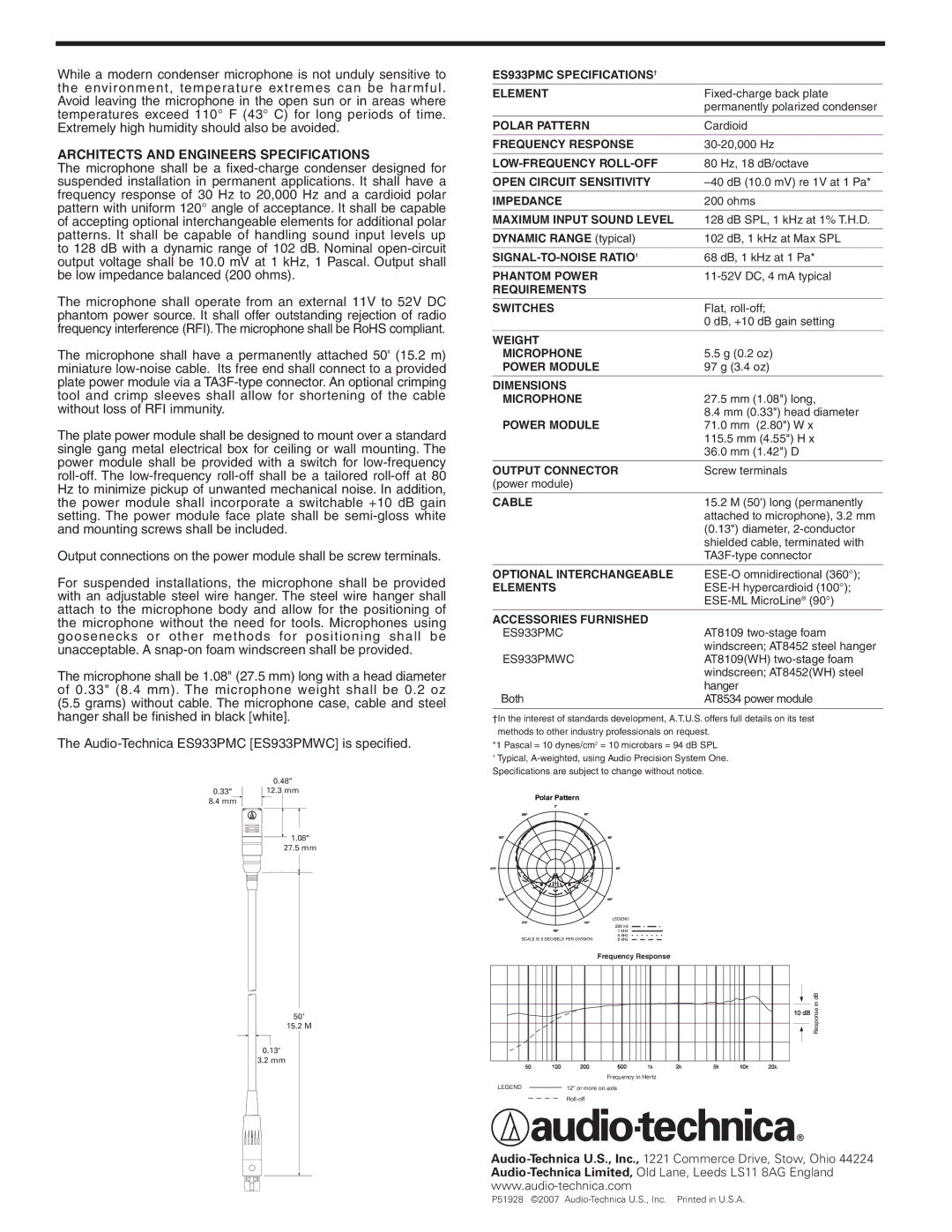 Audio-Technica ES933PMC manual Architects and Engineers Specifications 