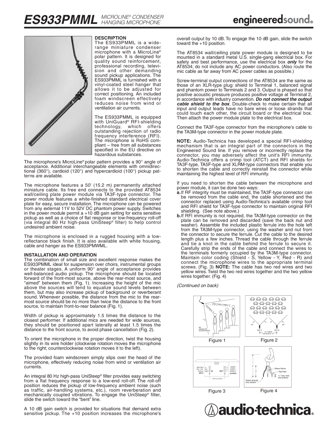 Audio-Technica ES933PMML manual Description, Installation and Operation 