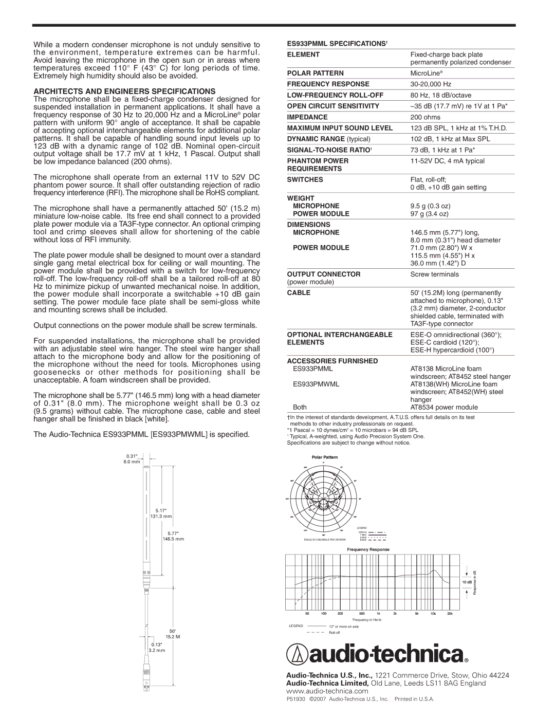 Audio-Technica ES933PMML manual Architects and Engineers Specifications 