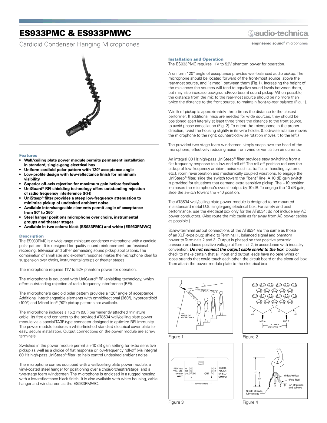 Audio-Technica ES933PMWC manual Features, Description, Installation and Operation 