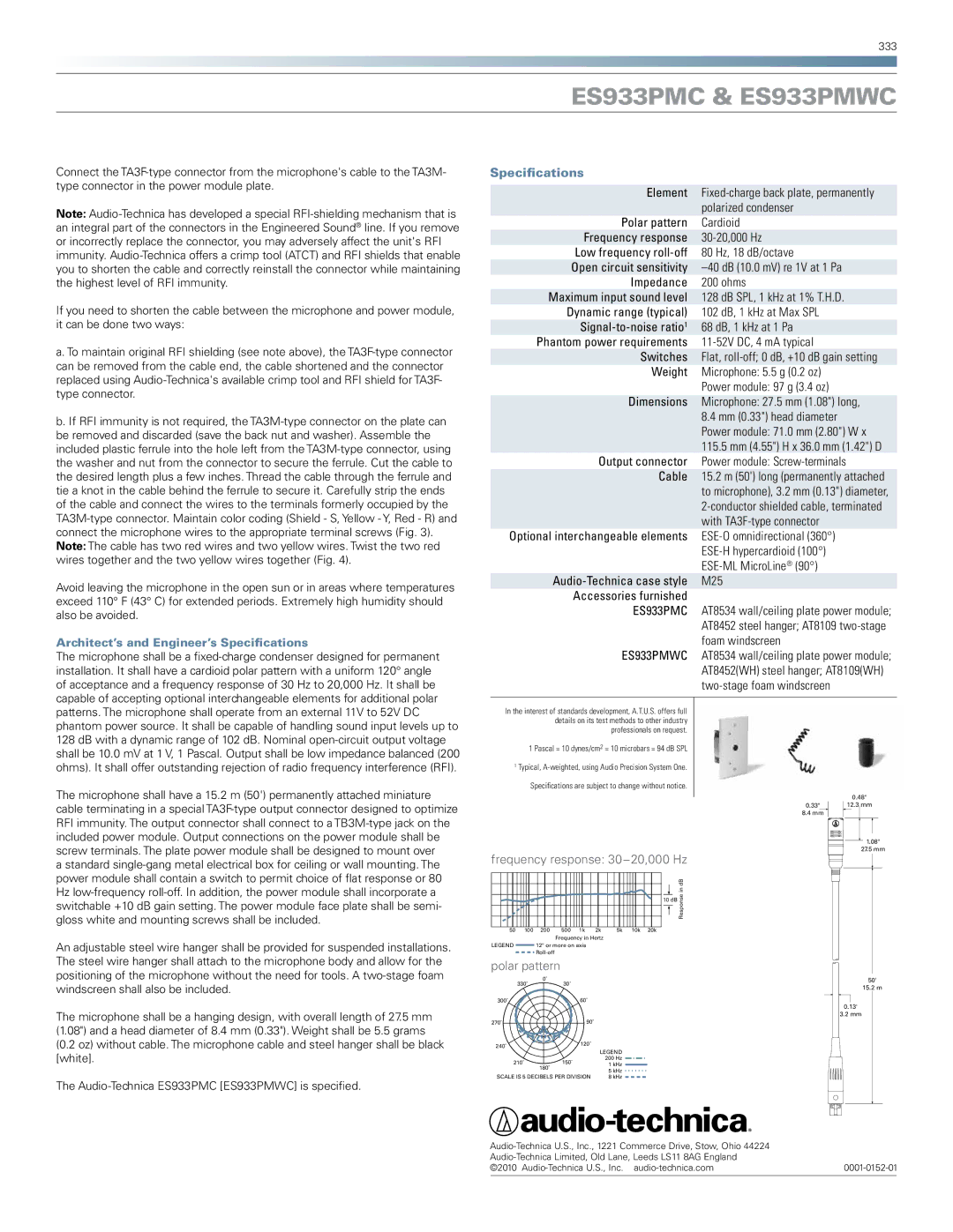 Audio-Technica ES933PMWC manual Frequency response 30-20,000 Hz, Polar pattern 