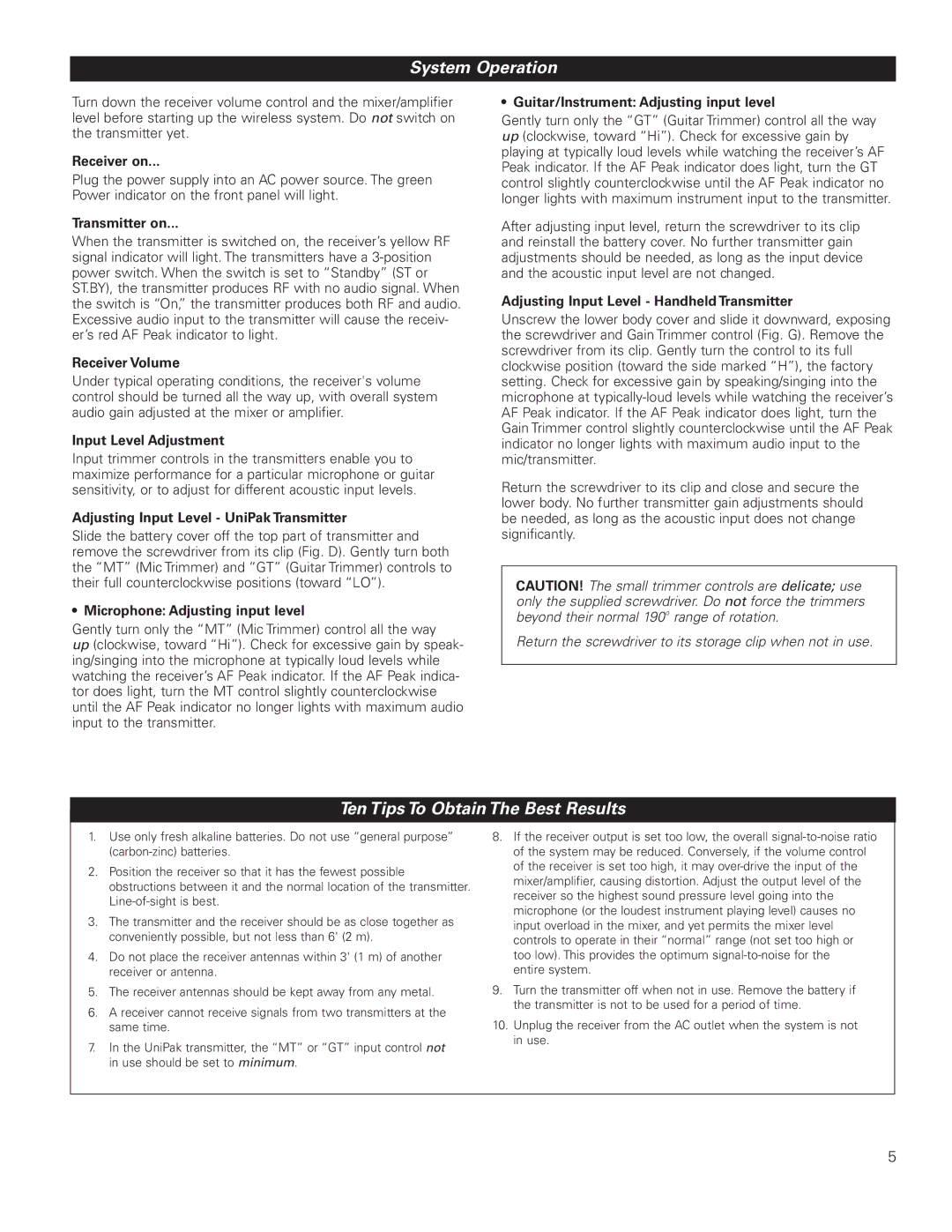 Audio-Technica ATW-251, G, H92-TH, L, ATW-252 manual System Operation, Ten Tips To Obtain The Best Results 