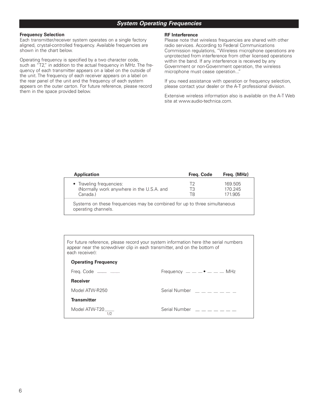 Audio-Technica ATW-252, G, H92-TH, L, ATW-251 manual System Operating Frequencies 