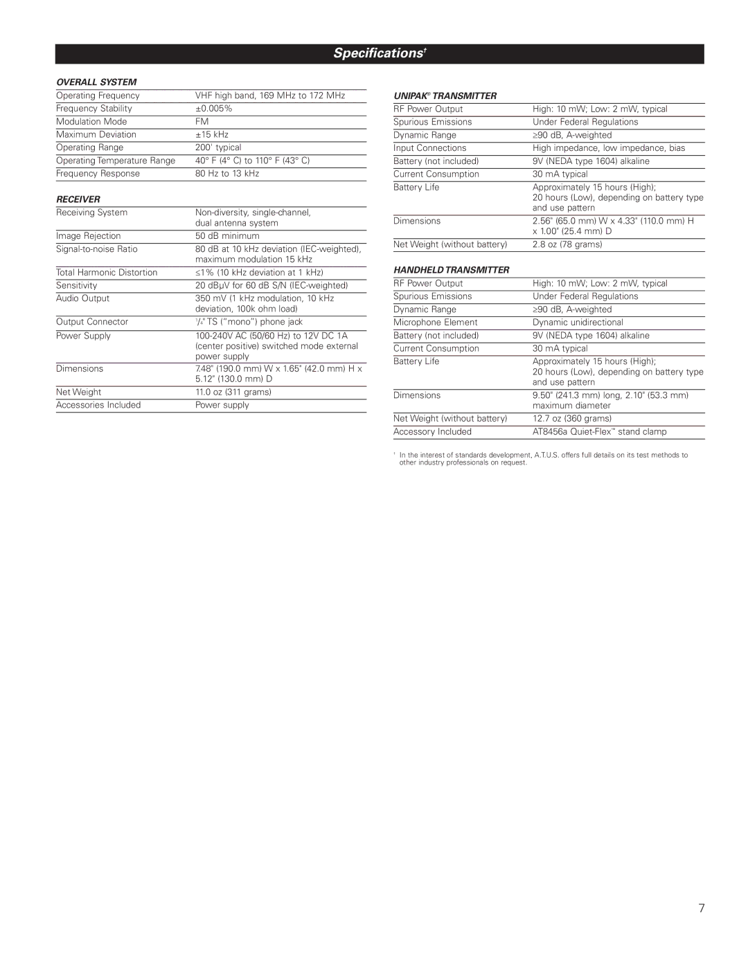 Audio-Technica G, H92-TH, L, ATW-251, ATW-252 manual Specifications†, Overall System 