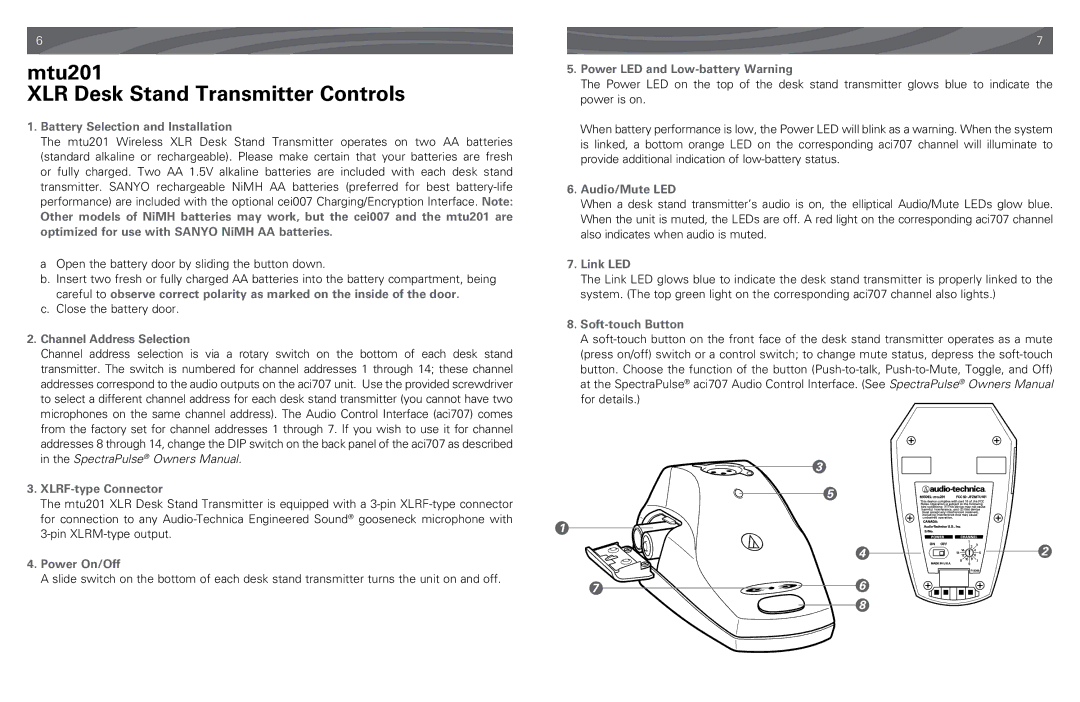 Audio-Technica mtu201 manual Mtu201 XLR Desk Stand Transmitter Controls, Battery Selection and Installation 