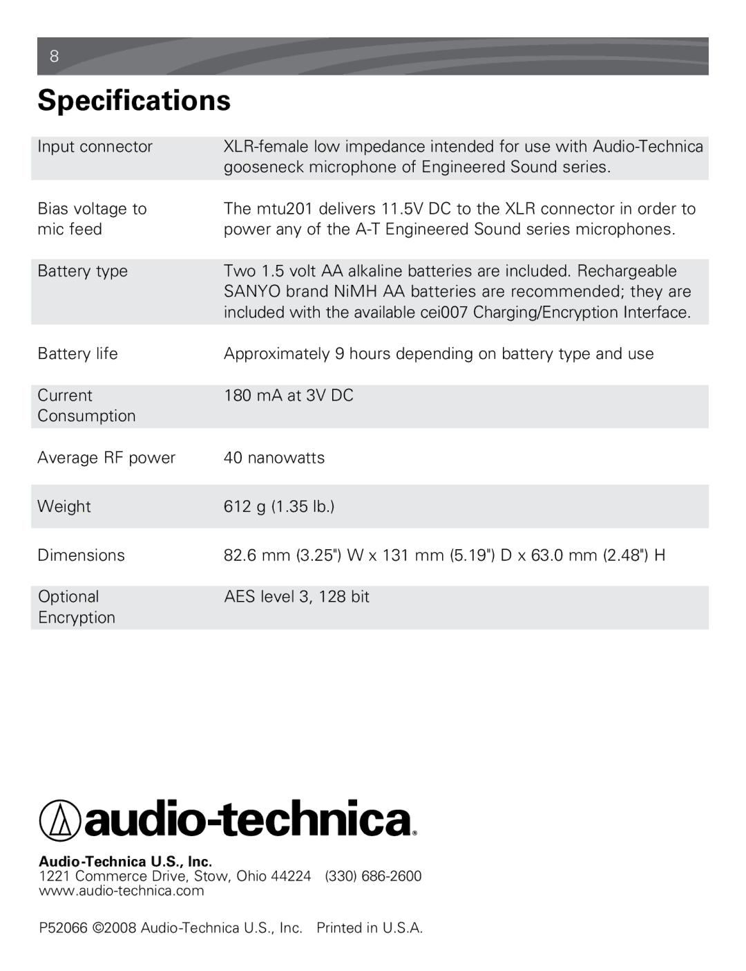 Audio-Technica mtu201 manual Specifications 