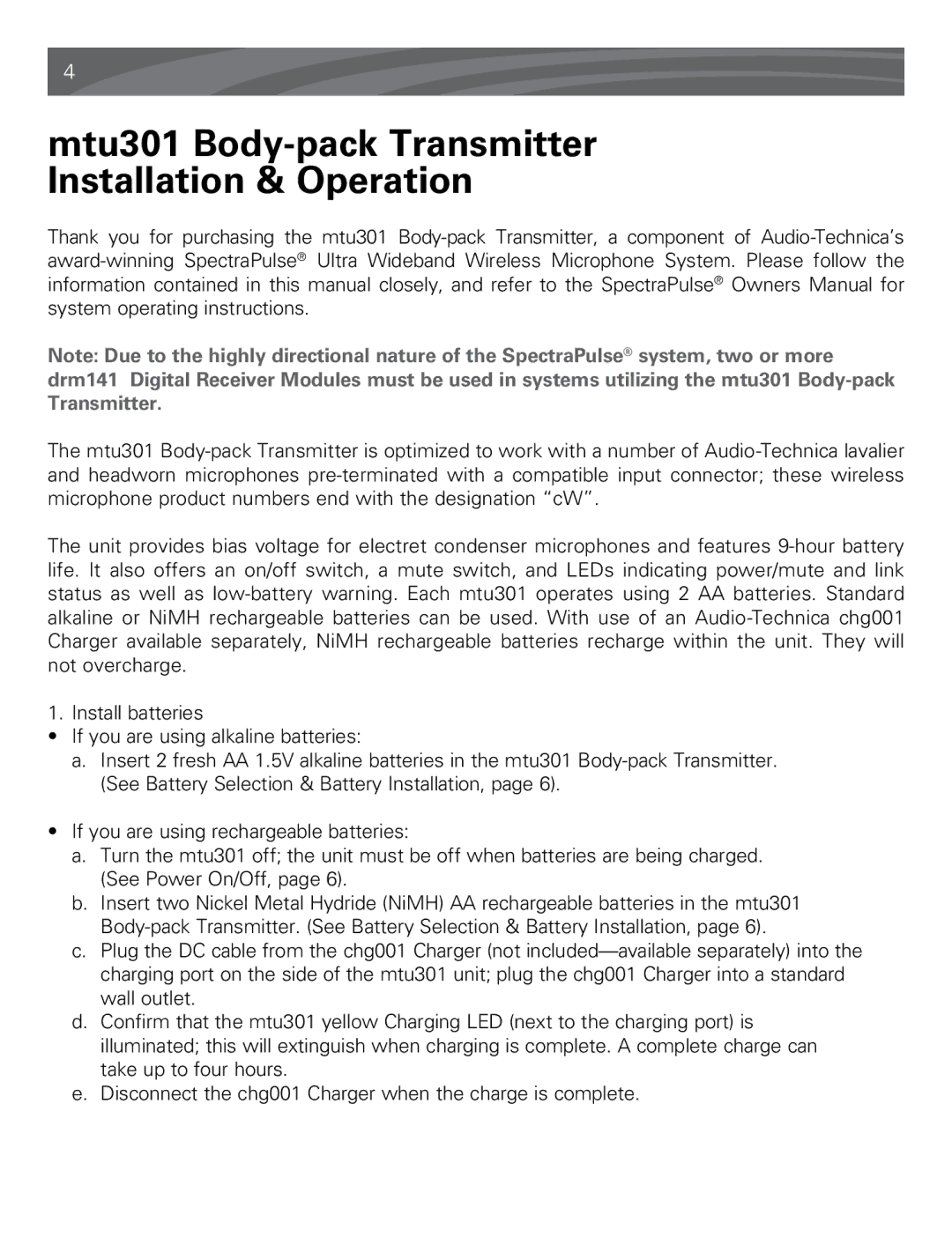 Audio-Technica mtu301 manual Mtu301 Body-pack Transmitter Installation & Operation 