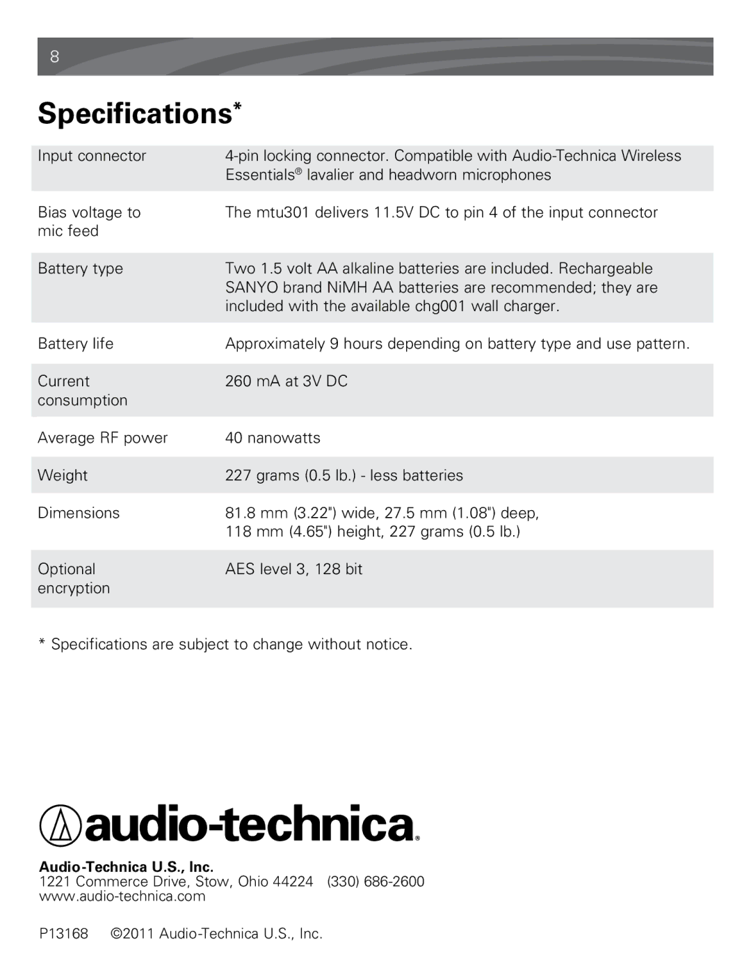 Audio-Technica mtu301 manual Specifications 