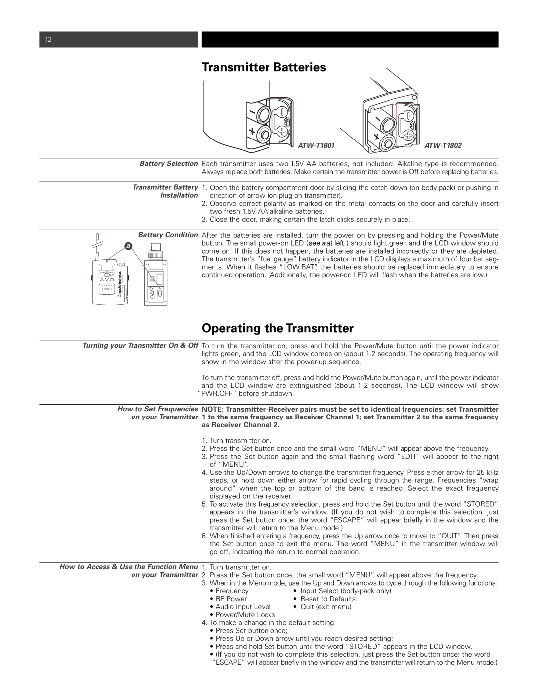 Audio-Technica p51857_1800 manual Transmitter Batteries, Operating the Transmitter, ATW-T1801 ATW-T1802, Battery Condition 
