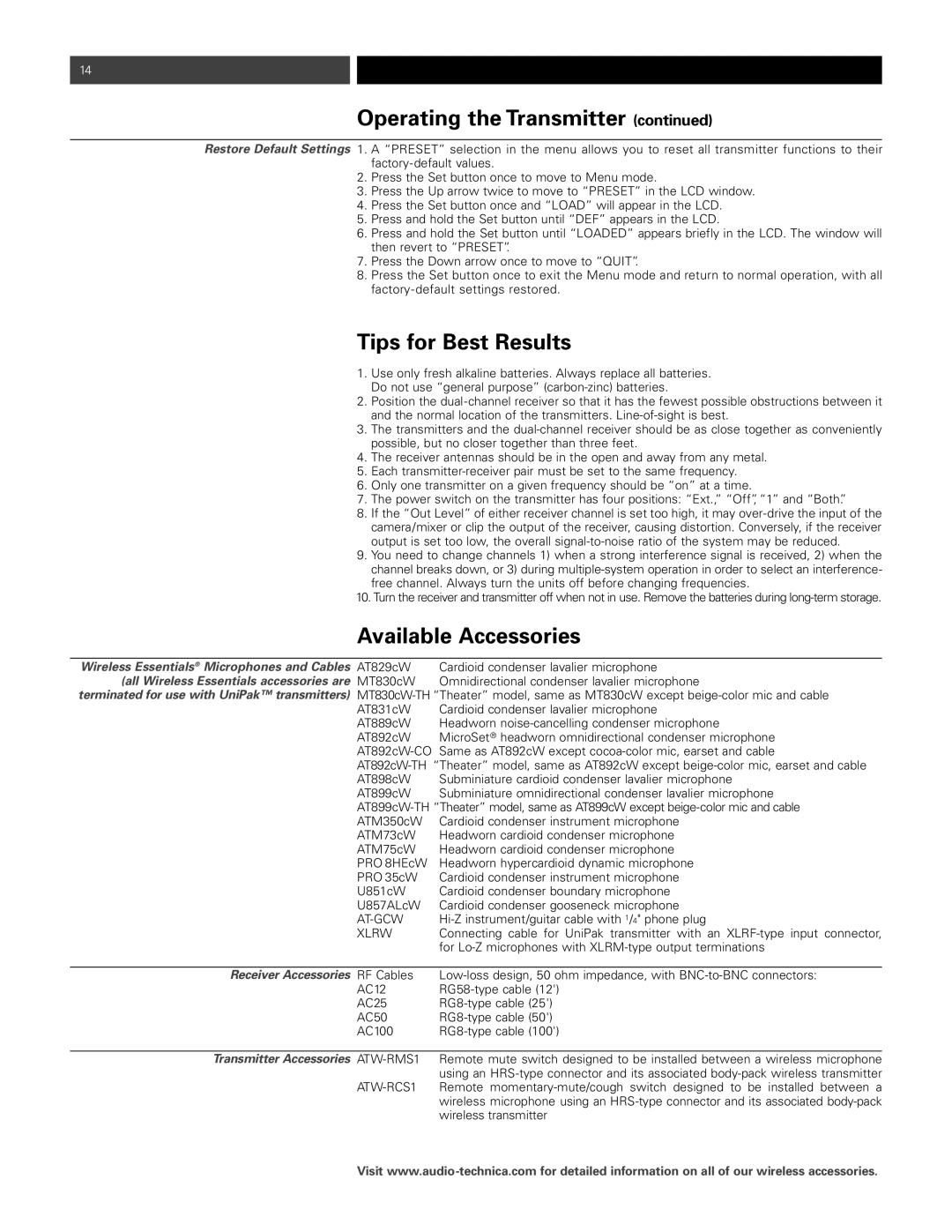 Audio-Technica p51857_1800 Tips for Best Results, Available Accessories, Receiver Accessories, Transmitter Accessories 