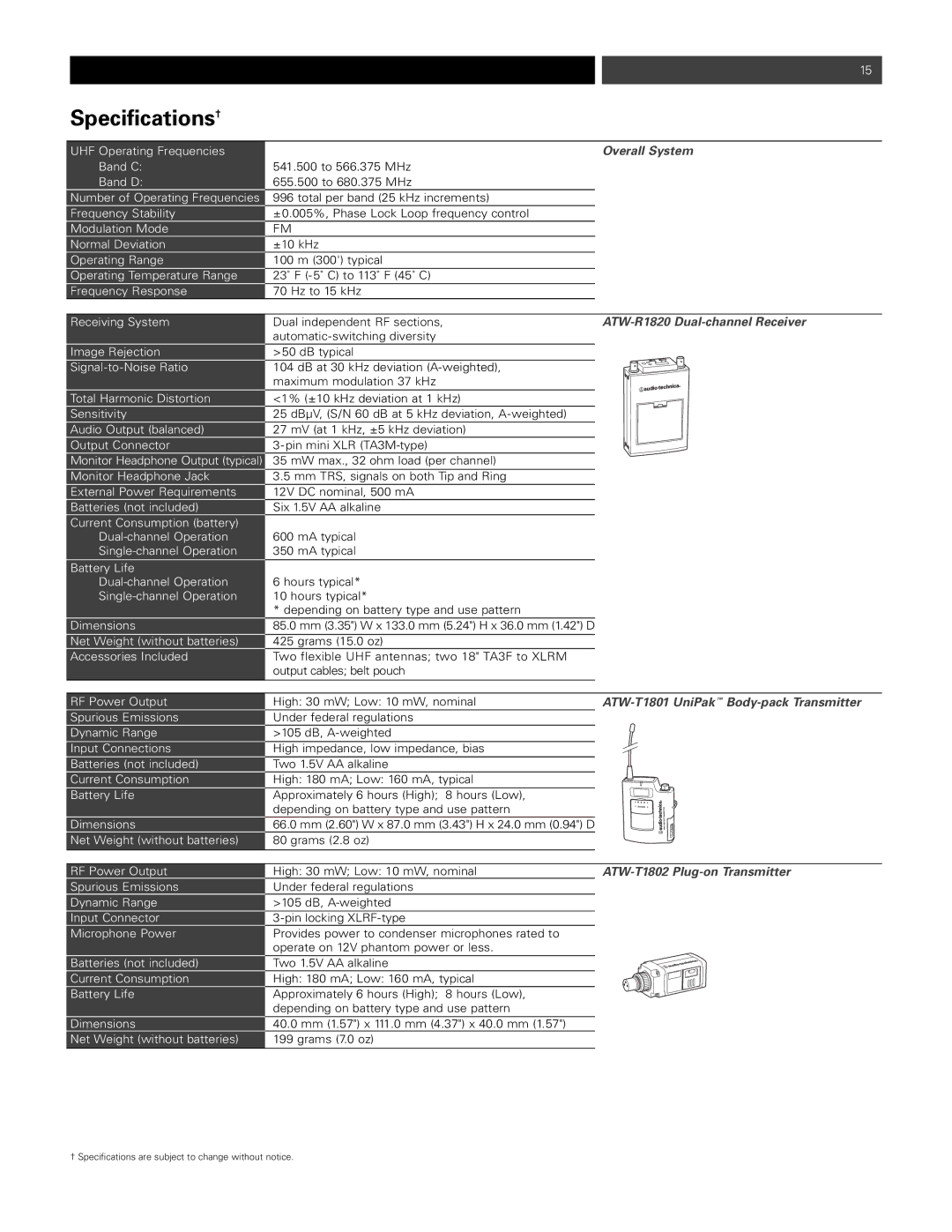 Audio-Technica p51857_1800 manual Specifications†, Overall System, ATW-T1802 Plug-on Transmitter 