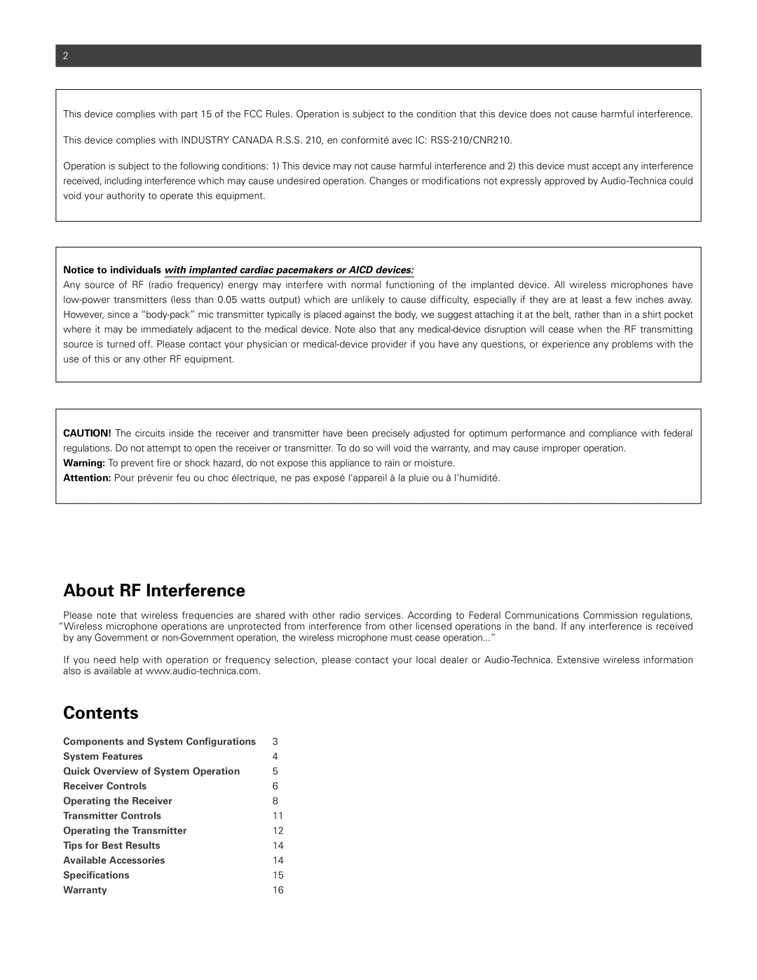 Audio-Technica p51857_1800 manual About RF Interference, Contents 