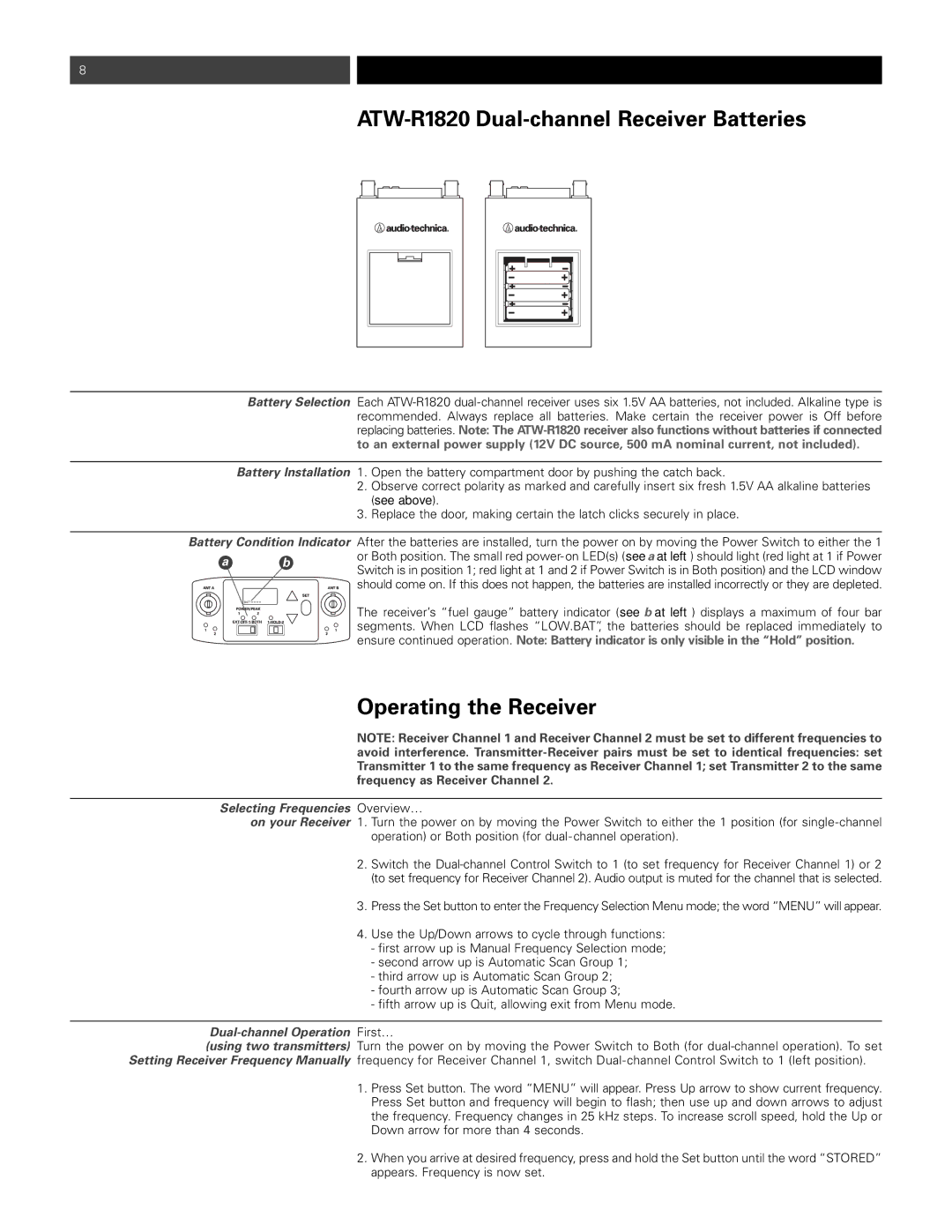 Audio-Technica p51857_1800 manual ATW-R1820 Dual-channel Receiver Batteries, Operating the Receiver 