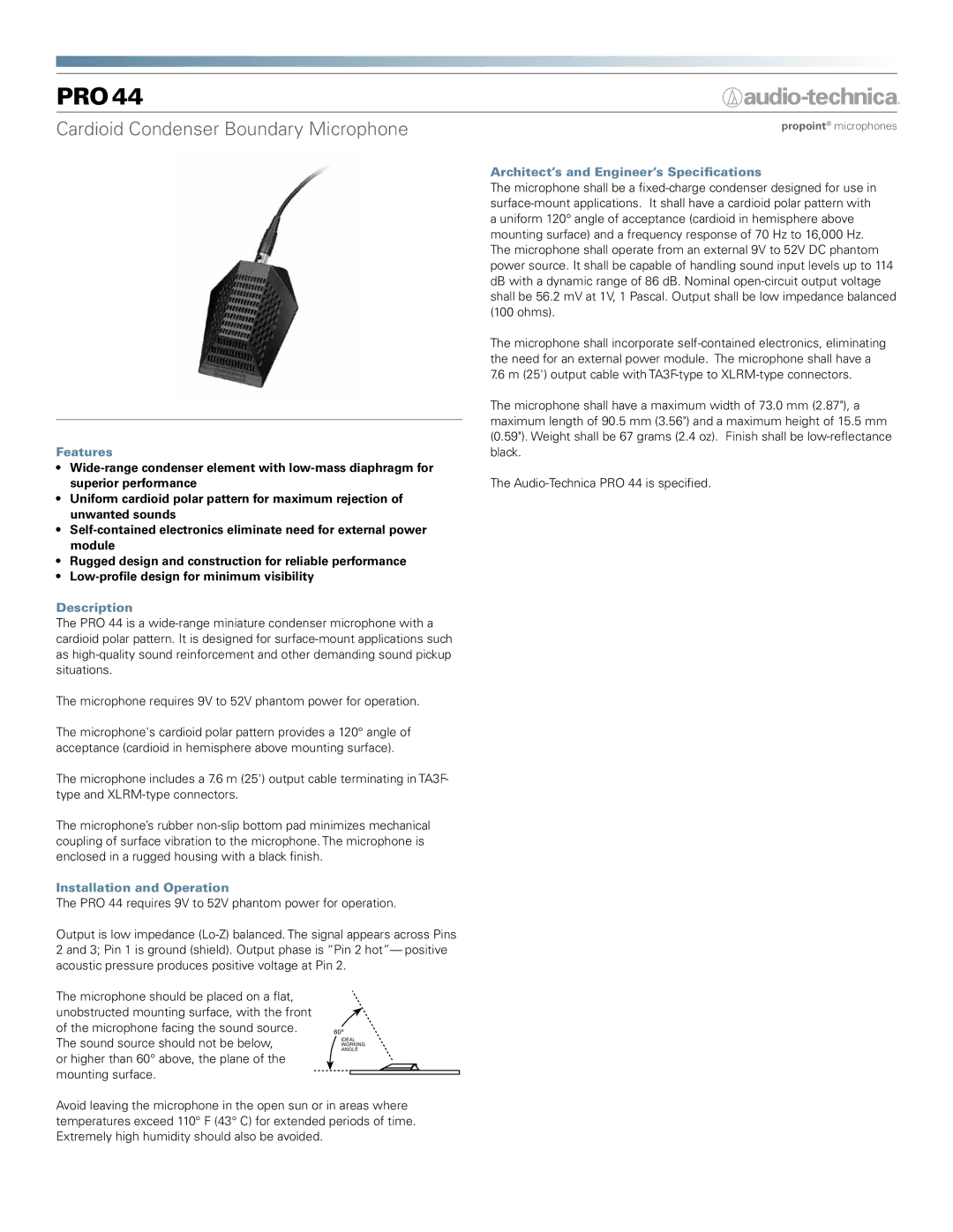 Audio-Technica PRO 44 manual Pro, Cardioid Condenser Boundary Microphone 