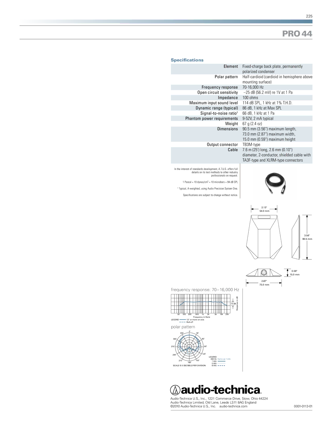 Audio-Technica PRO 44 manual Pro, Specifications, Frequency response 70-16,000 Hz, Polar pattern 