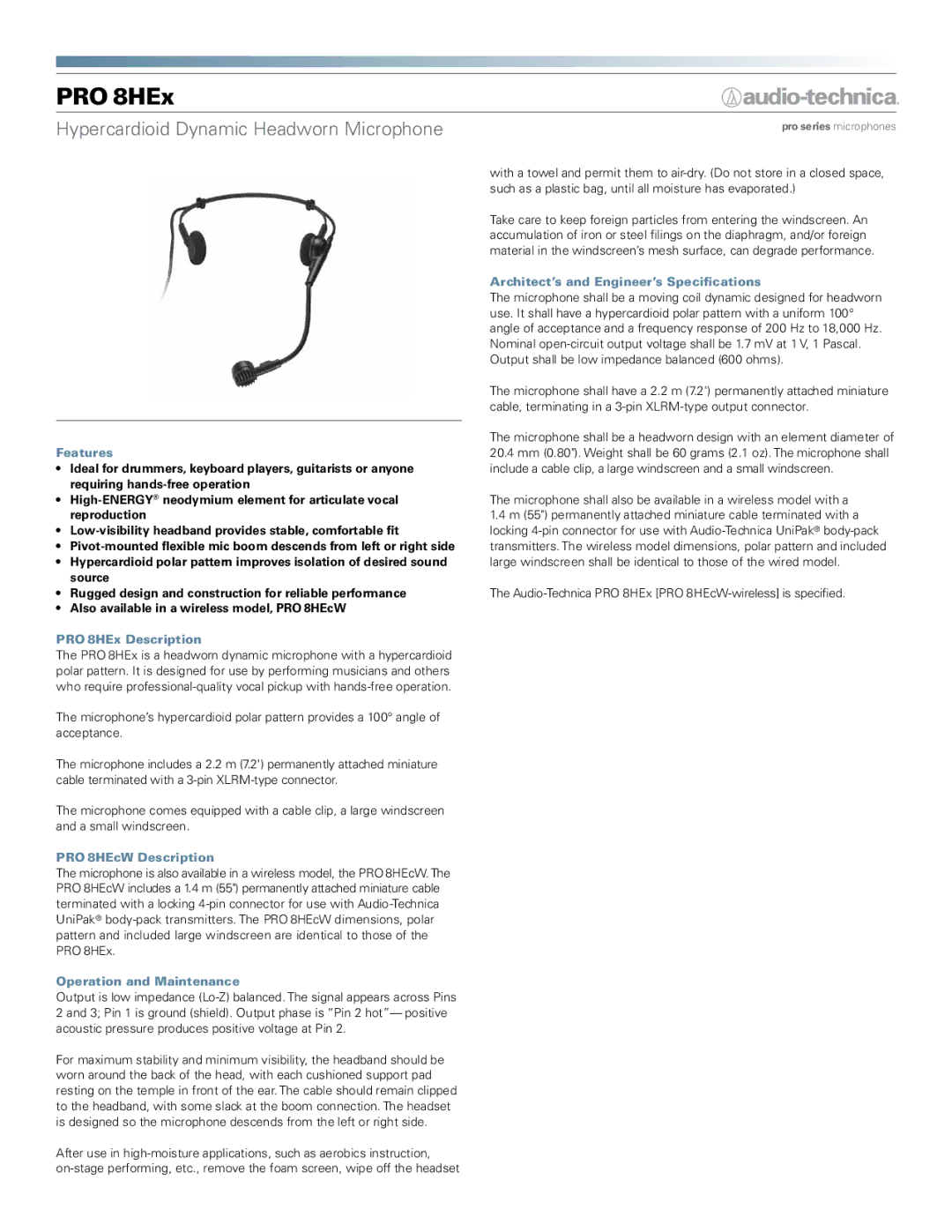 Audio-Technica dimensions Features, PRO 8HEx Description, PRO 8HEcW Description, Operation and Maintenance 