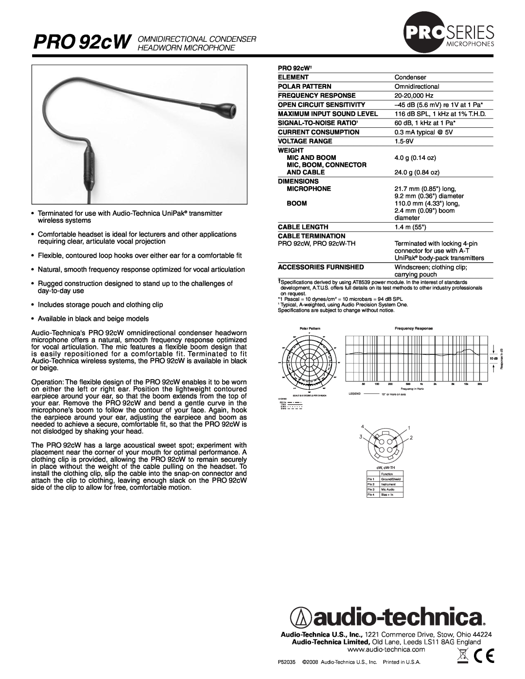 Audio-Technica Pro 92cW dimensions PRO 92cW OMNIDIRECTIONAL CONDENSER HEADWORN MICROPHONE 