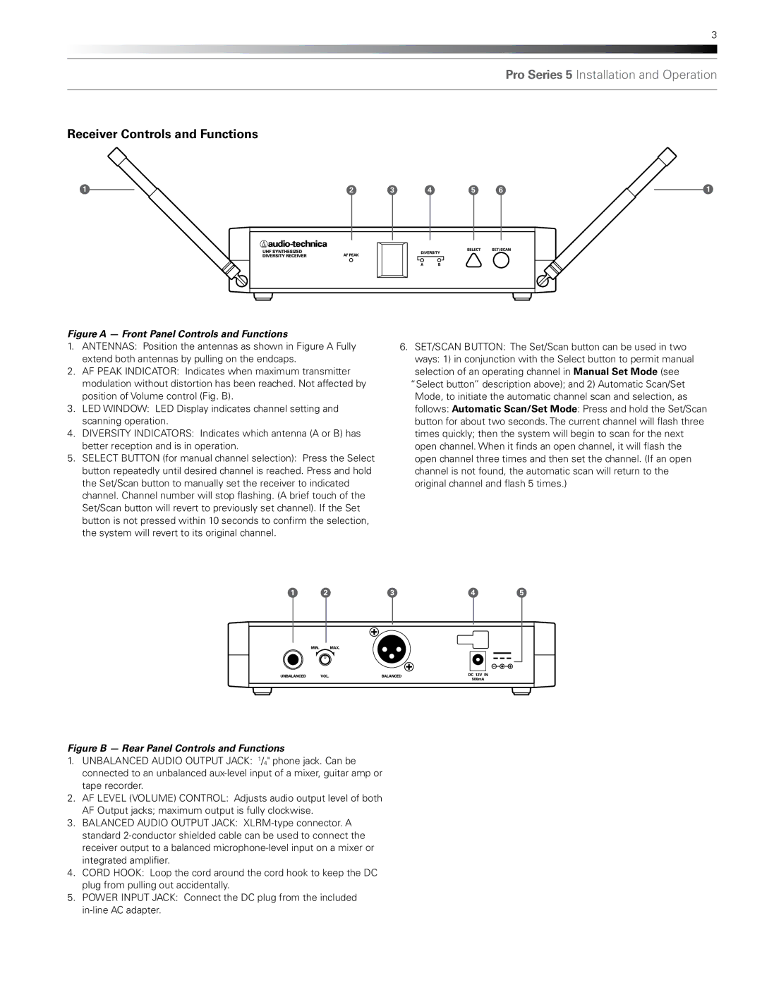 Audio-Technica pro series 5 wireless systems Receiver Controls and Functions, Figure a Front Panel Controls and Functions 