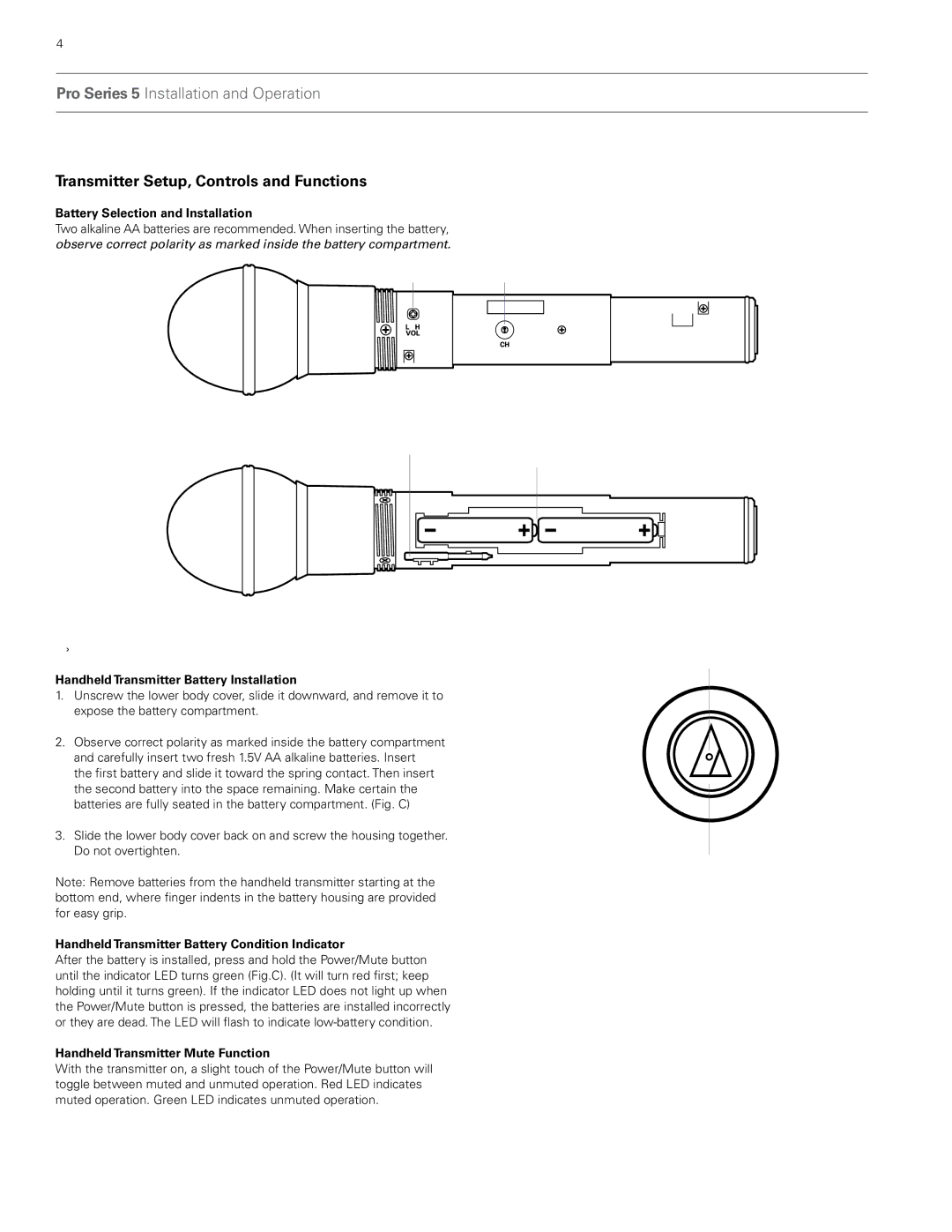 Audio-Technica pro series 5 wireless systems Transmitter Setup, Controls and Functions, Battery Selection and Installation 