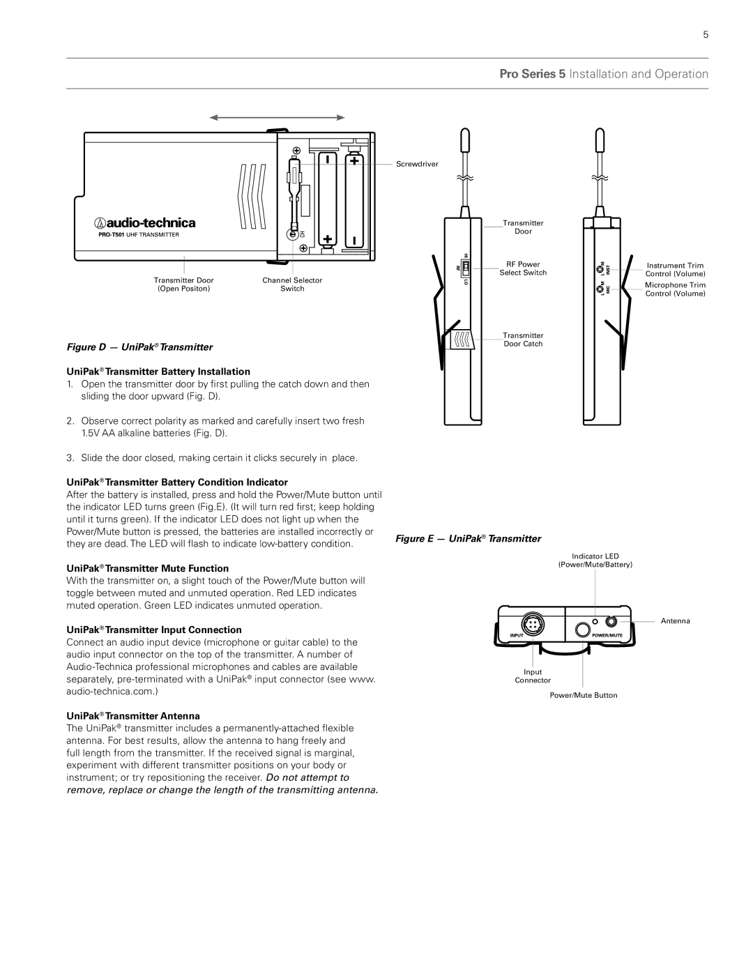 Audio-Technica pro series 5 wireless systems UniPak Transmitter Battery Installation, UniPak Transmitter Mute Function 