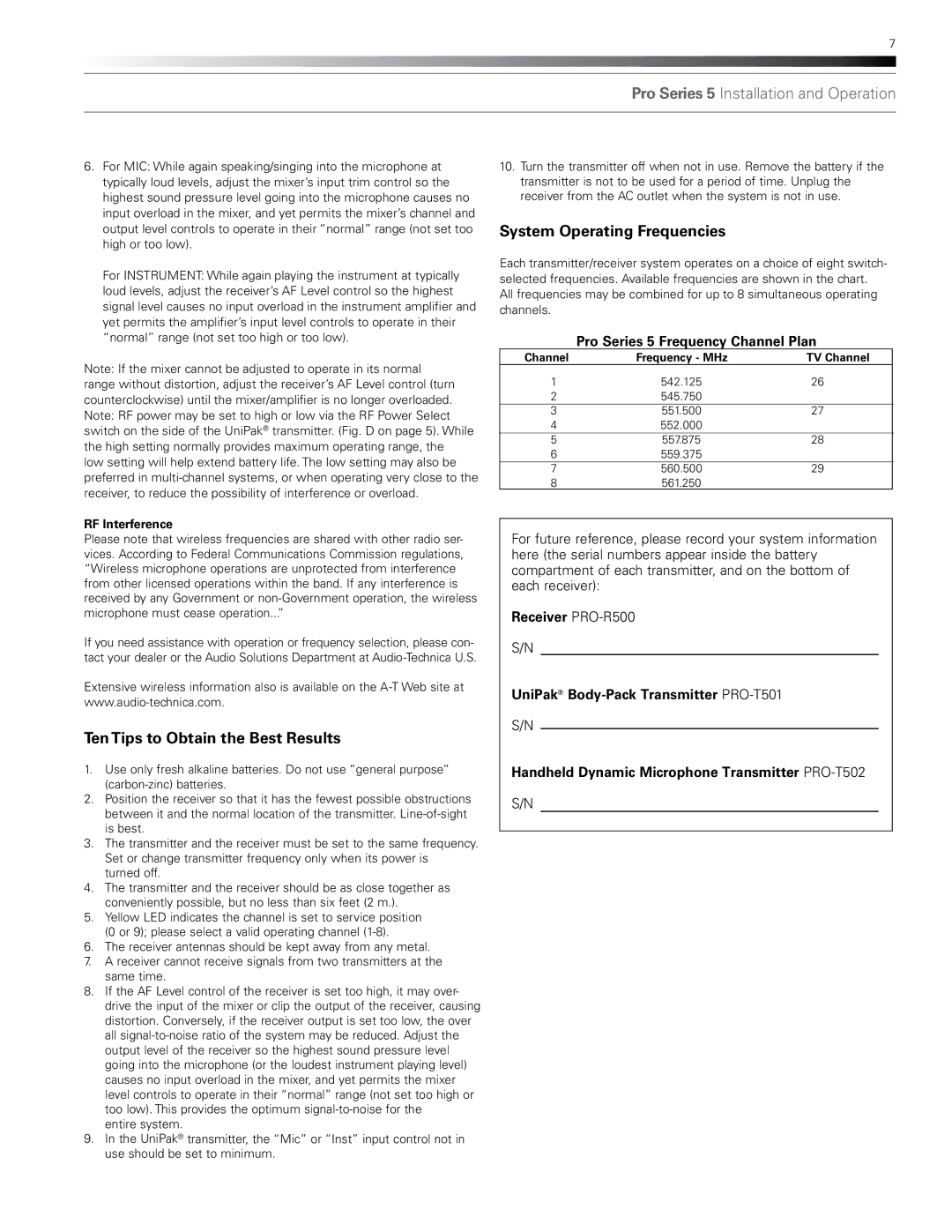 Audio-Technica pro series 5 wireless systems manual Ten Tips to Obtain the Best Results, System Operating Frequencies 