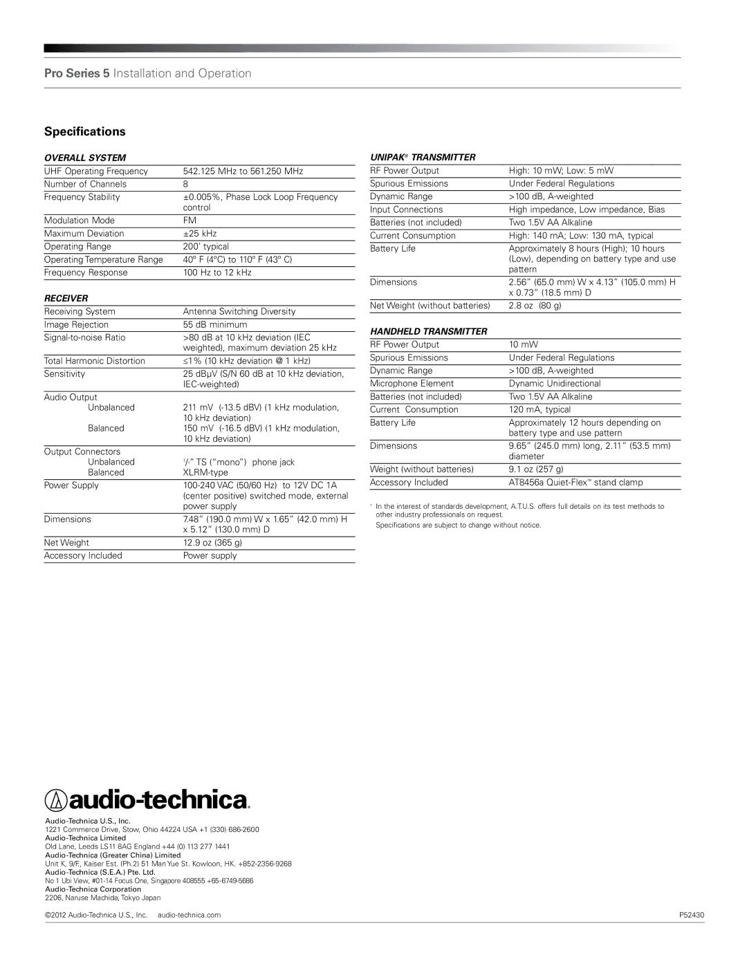 Audio-Technica pro series 5 wireless systems manual Specifications, Overall System 