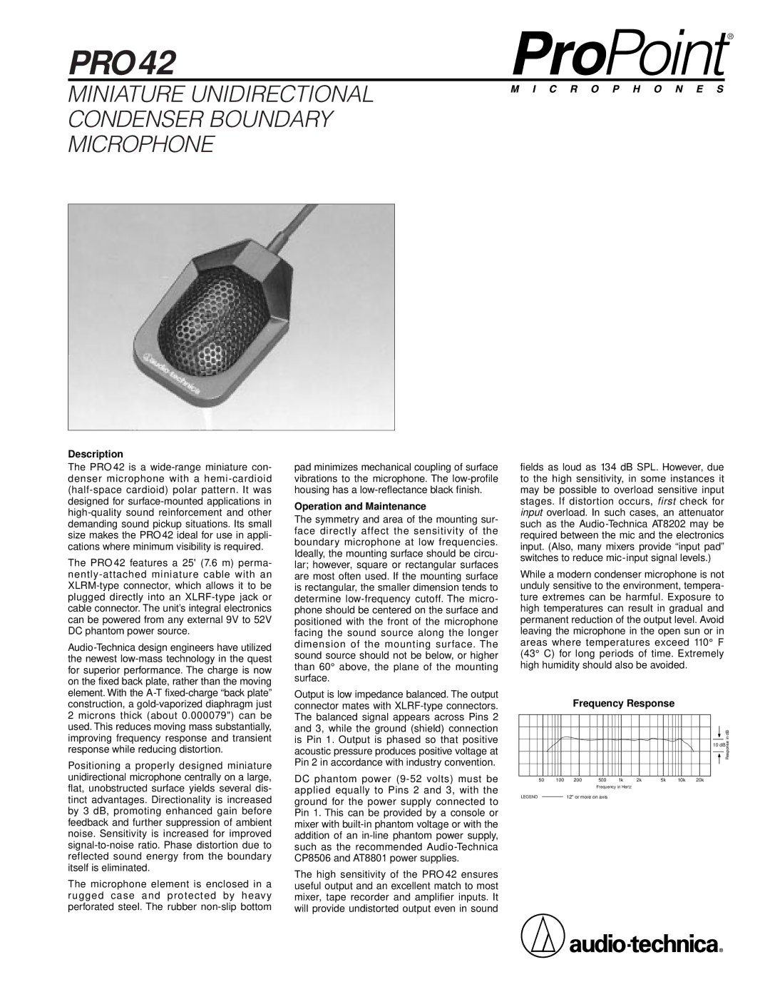 Audio-Technica Pro42 manual PRO42, Miniature Unidirectional Condenser Boundary Microphone, Description 