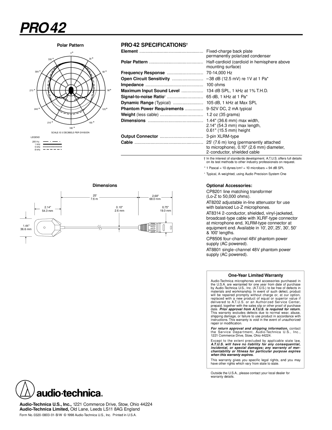 Audio-Technica Pro42 PRO 42 SPECIFICATIONS†, Polar Pattern, Dimensions, Optional Accessories, One-Year Limited Warranty 