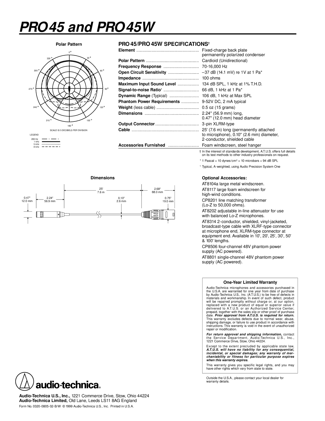 Audio-Technica PRO45W manual PRO 45/PRO 45W SPECIFICATIONS†, Dimensions, Optional Accessories, One-Year Limited Warranty 