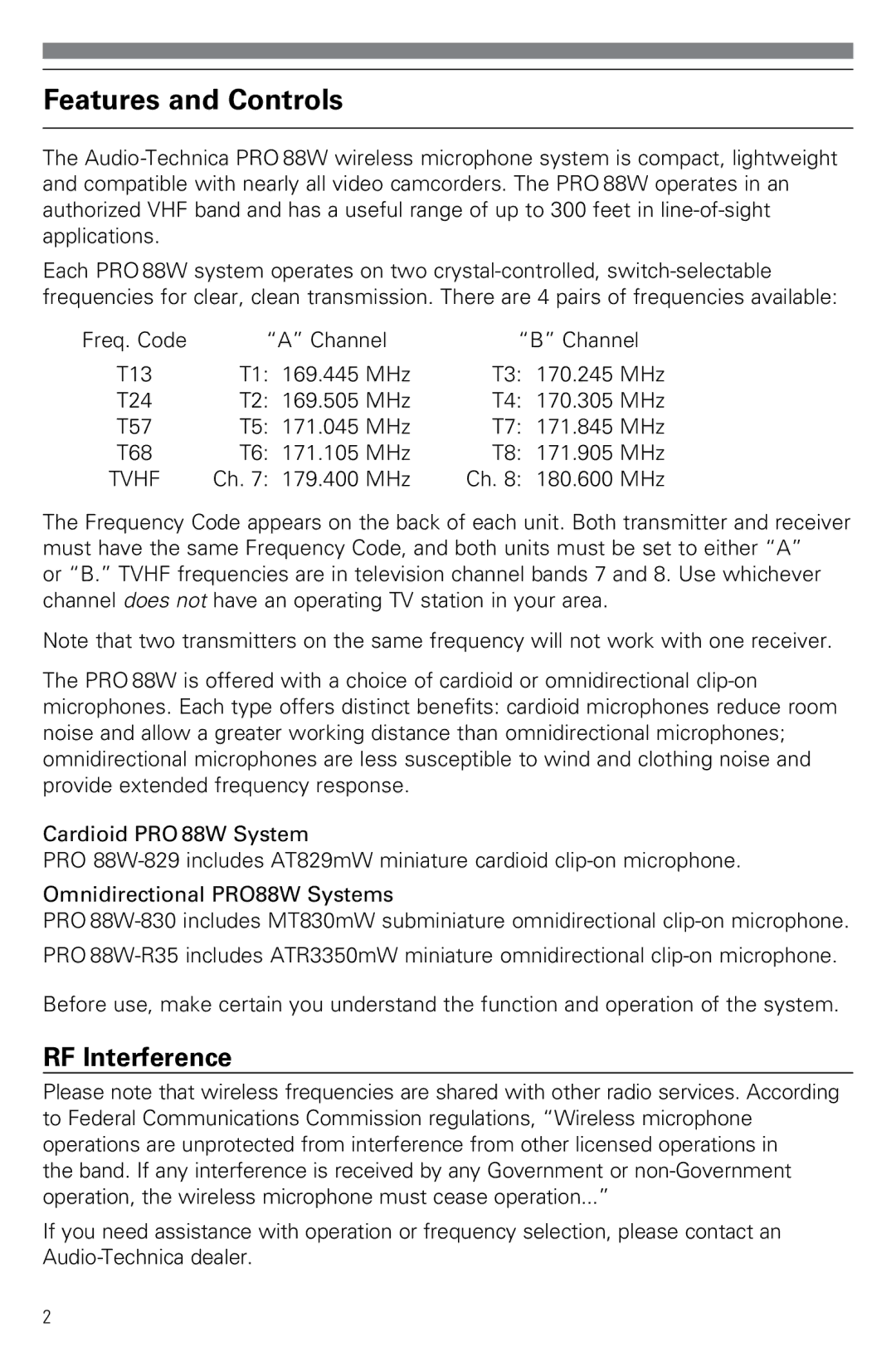 Audio-Technica PRO88W owner manual Features and Controls, RF Interference 