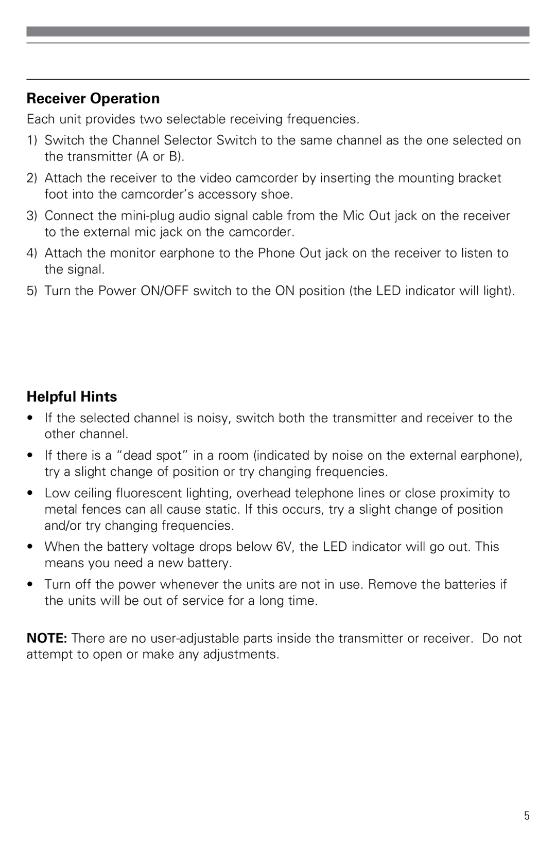 Audio-Technica PRO88W owner manual Receiver Operation, Helpful Hints 