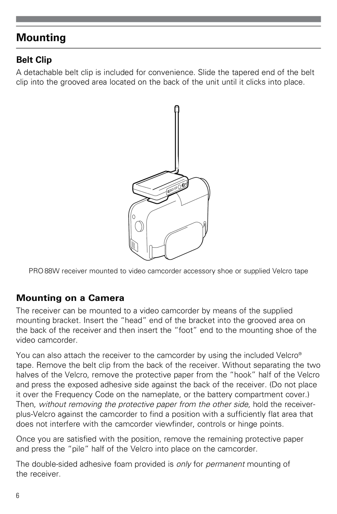 Audio-Technica PRO88W owner manual Belt Clip, Mounting on a Camera 